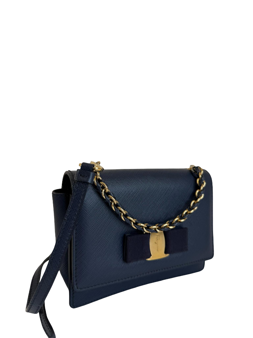 Salvatore Ferragamo Dark Blue Leather Vara Bow Chain Mini Crossbody Bag