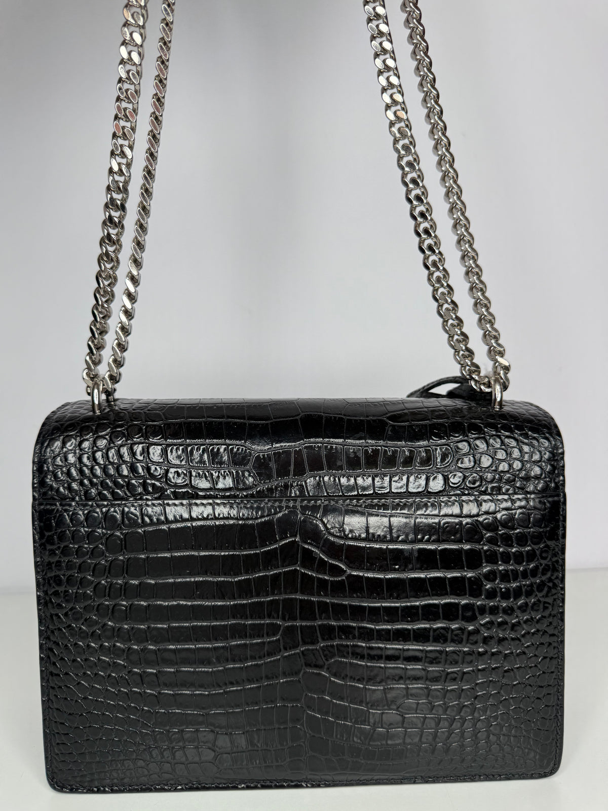 Saint Laurent Sunset Medium Black Calfskin Crocodile Embossed