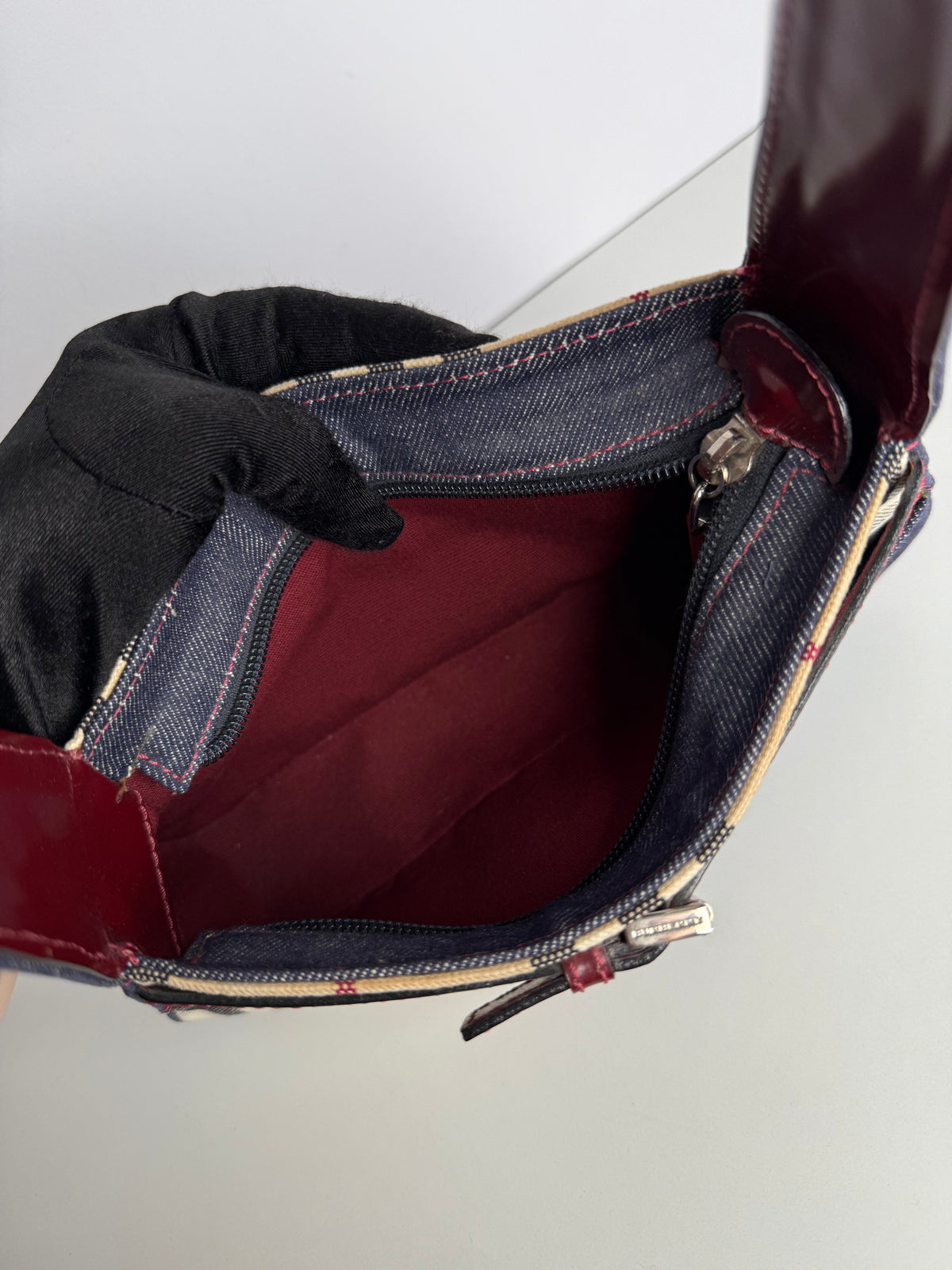 Burberry House Check Canvas Burgundy Buckle with Denim Pocket Detail Pochette