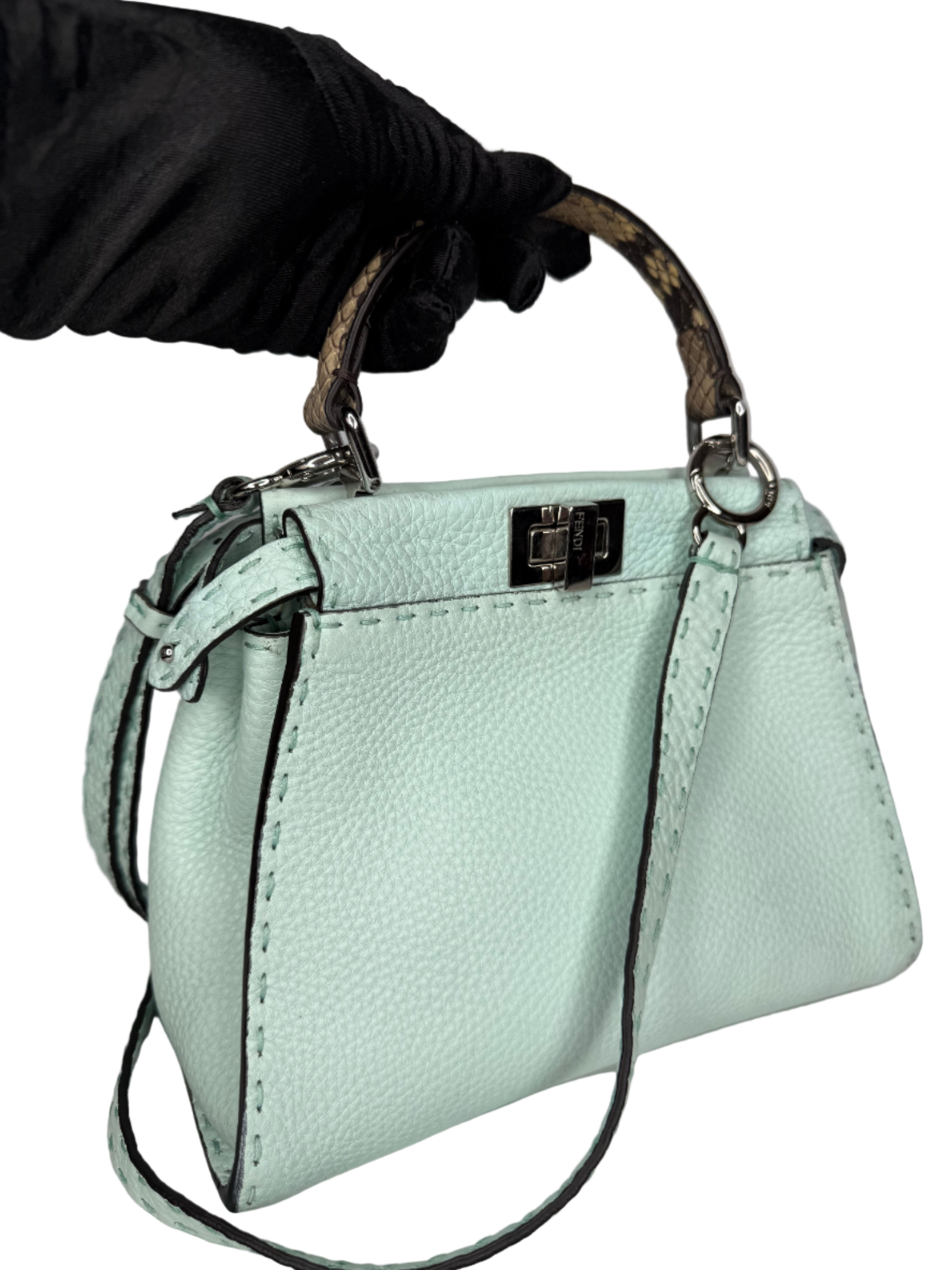 Fendi Mini Peekabbo Selleria Mint Green Python Top Handle