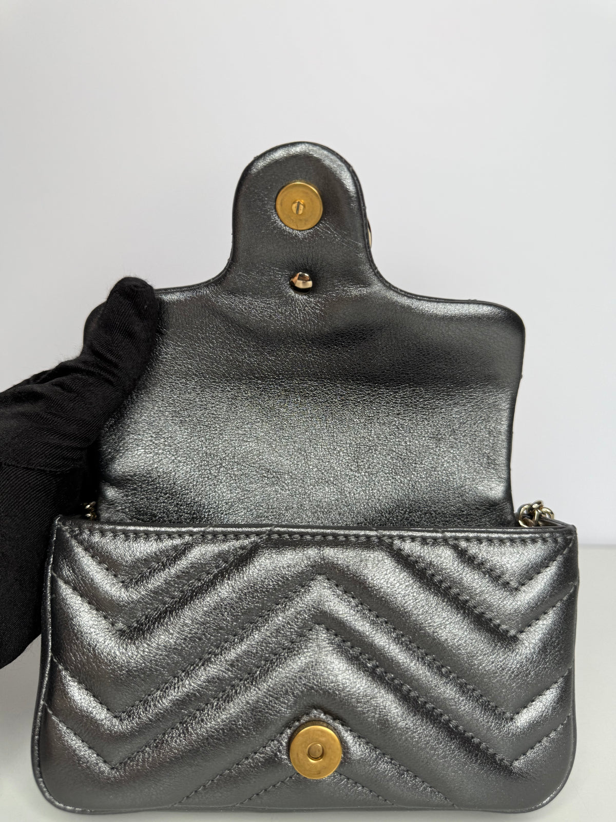 Gucci Calfskin Matelasse Super Mini GG Marmont Shoulder Bag Dark Gray