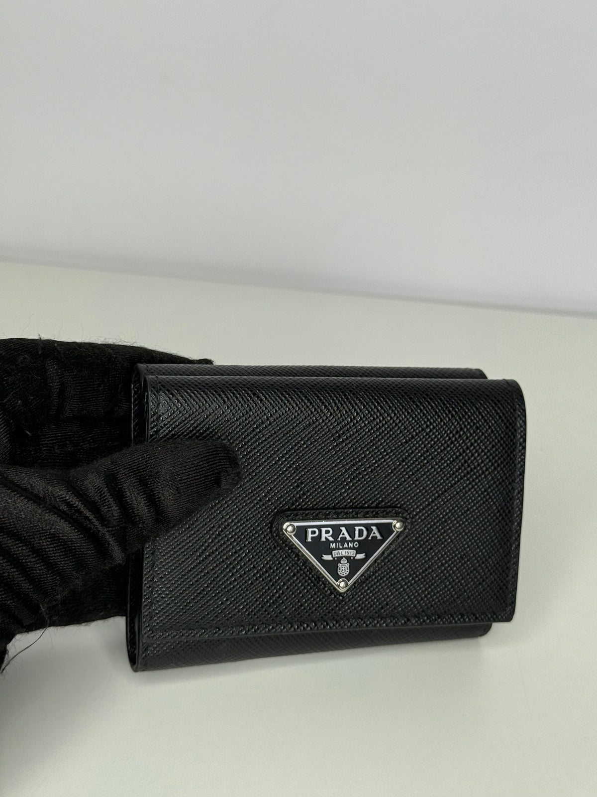 Prada Black Saffiano Triangle Logo Bi-Fold Wallet