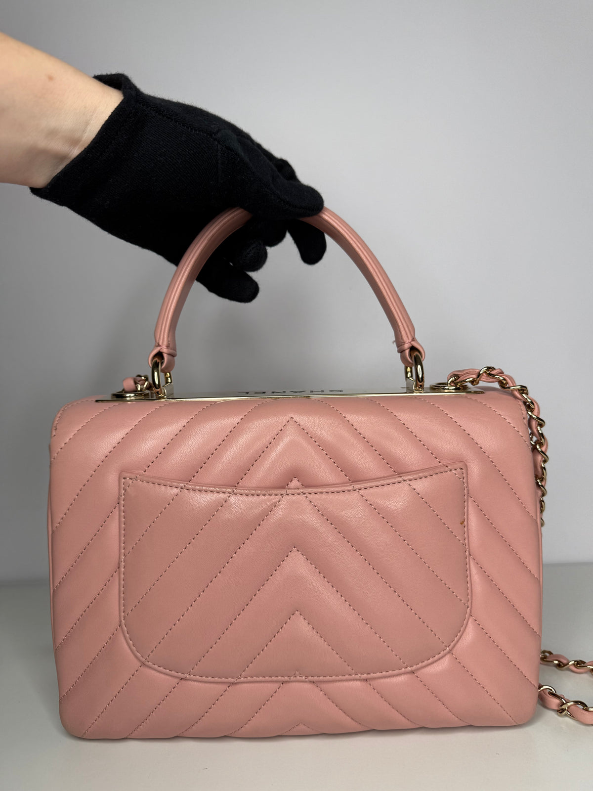 Chanel Small Trendy CC Light Pink Lambskin Chevron Quilted Top Handle Bag