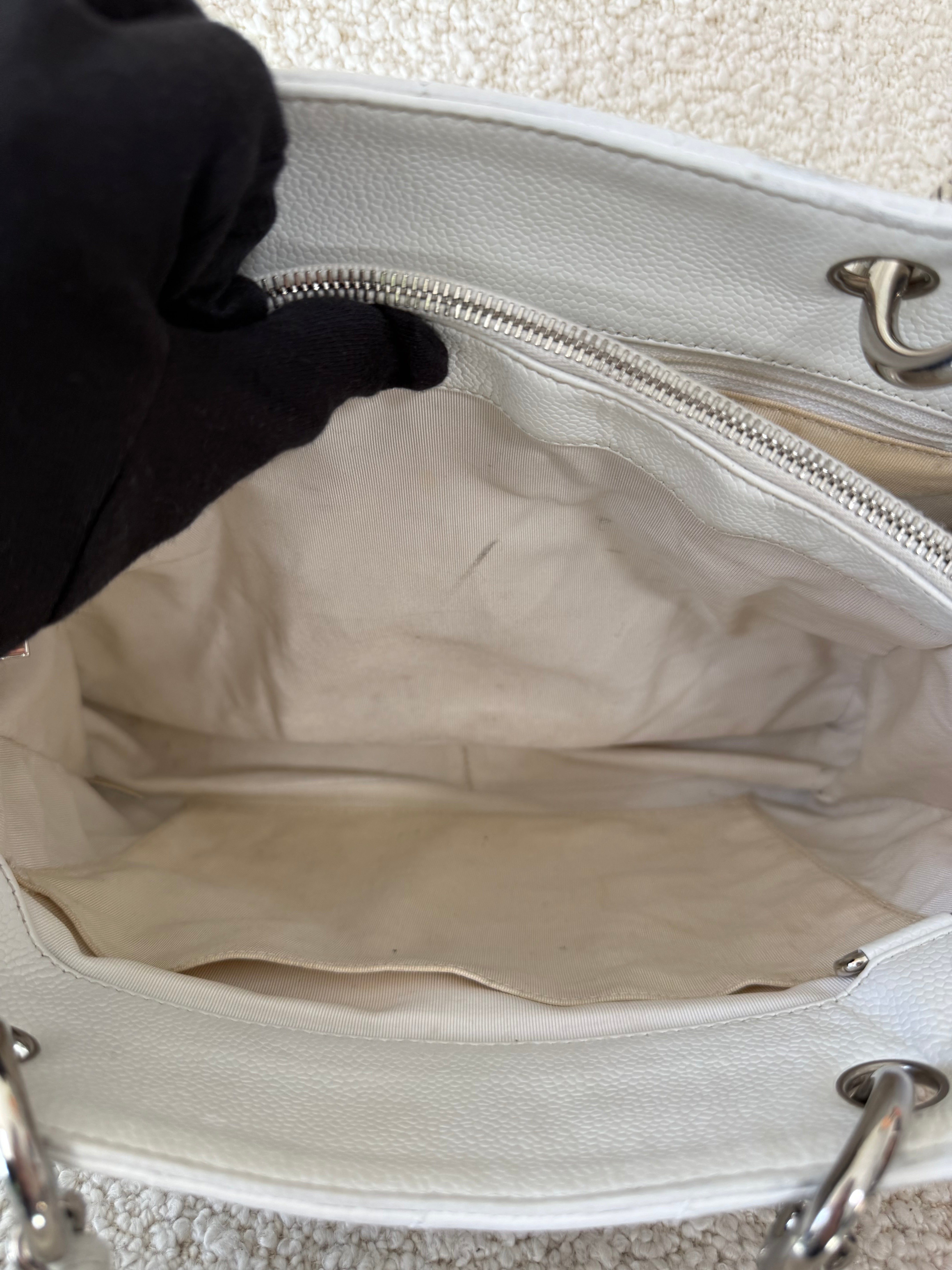 Chanel White Quilted Caviar Leather Grand Shopping Tote