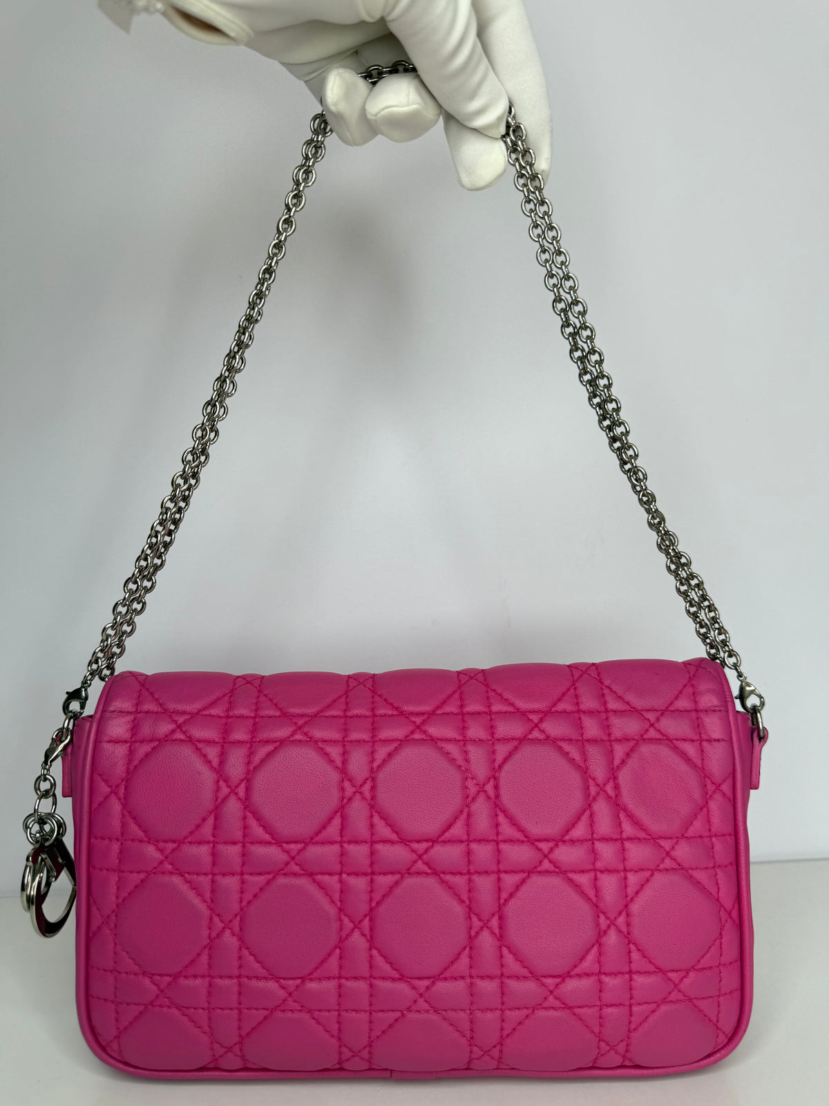 Christian Dior Fuchsia Cannage Quilted Lambskin Wallet on Chain Pochette