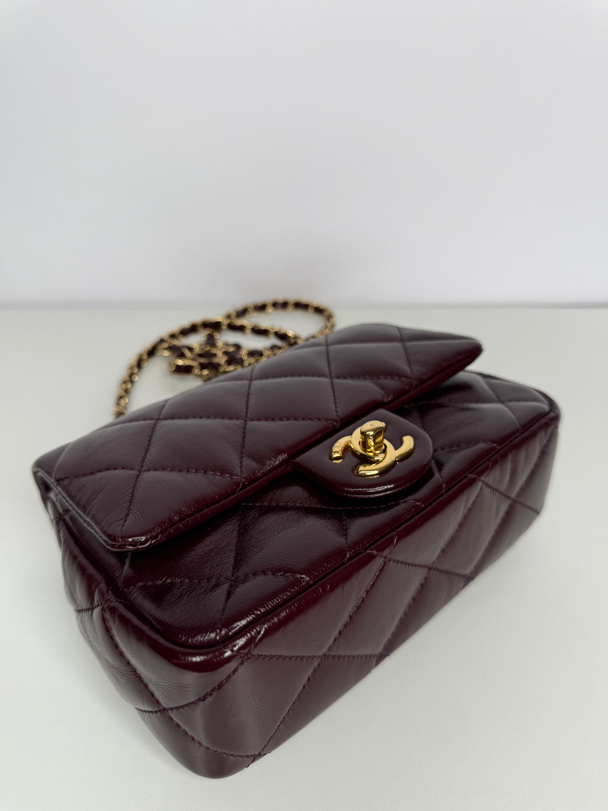 Chanel Mini Top Handle Flap Bag in Burgundy Quilted Leather Gold Hardware