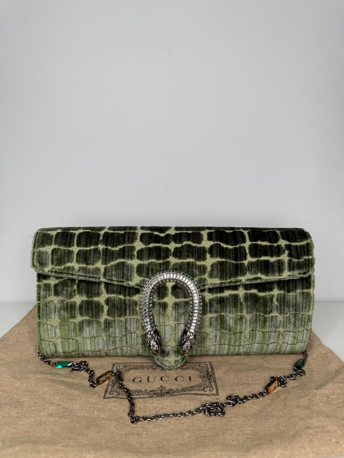 Gucci Limited Edition Dionysus Velvet Small Shoulder Bag In Green Croco Effect