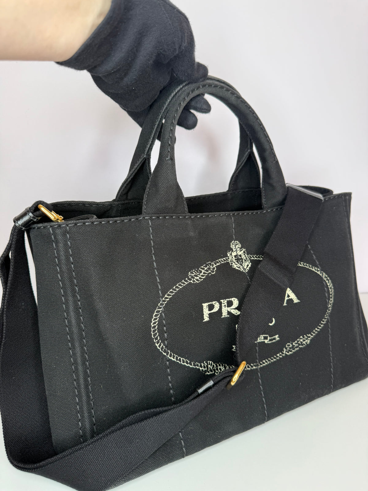 Prada Black Denim Canapa Logo Satchel