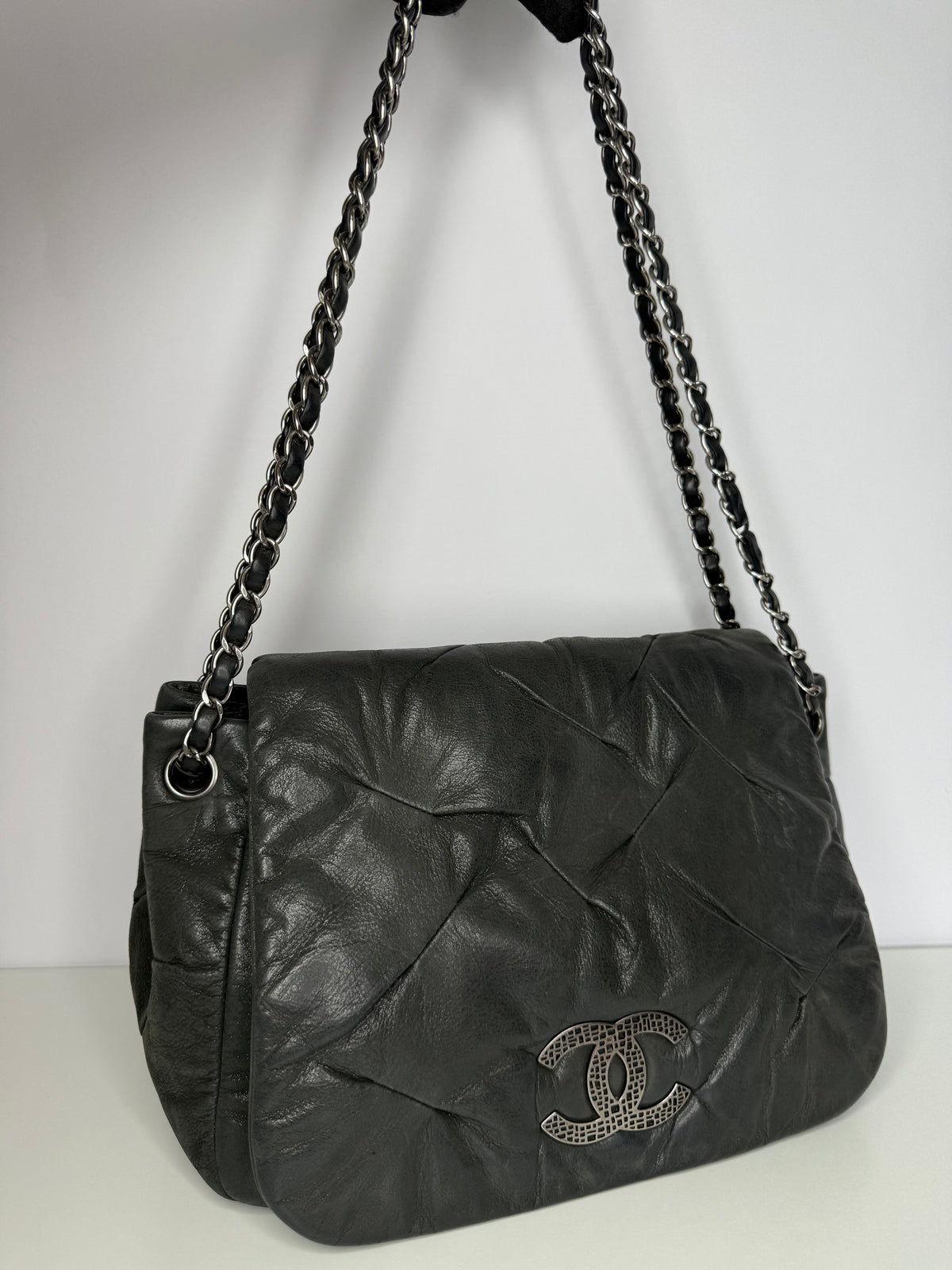 Chanel Grey Iridescent Calfskin Glint Accordion Flap Shoulder Bag