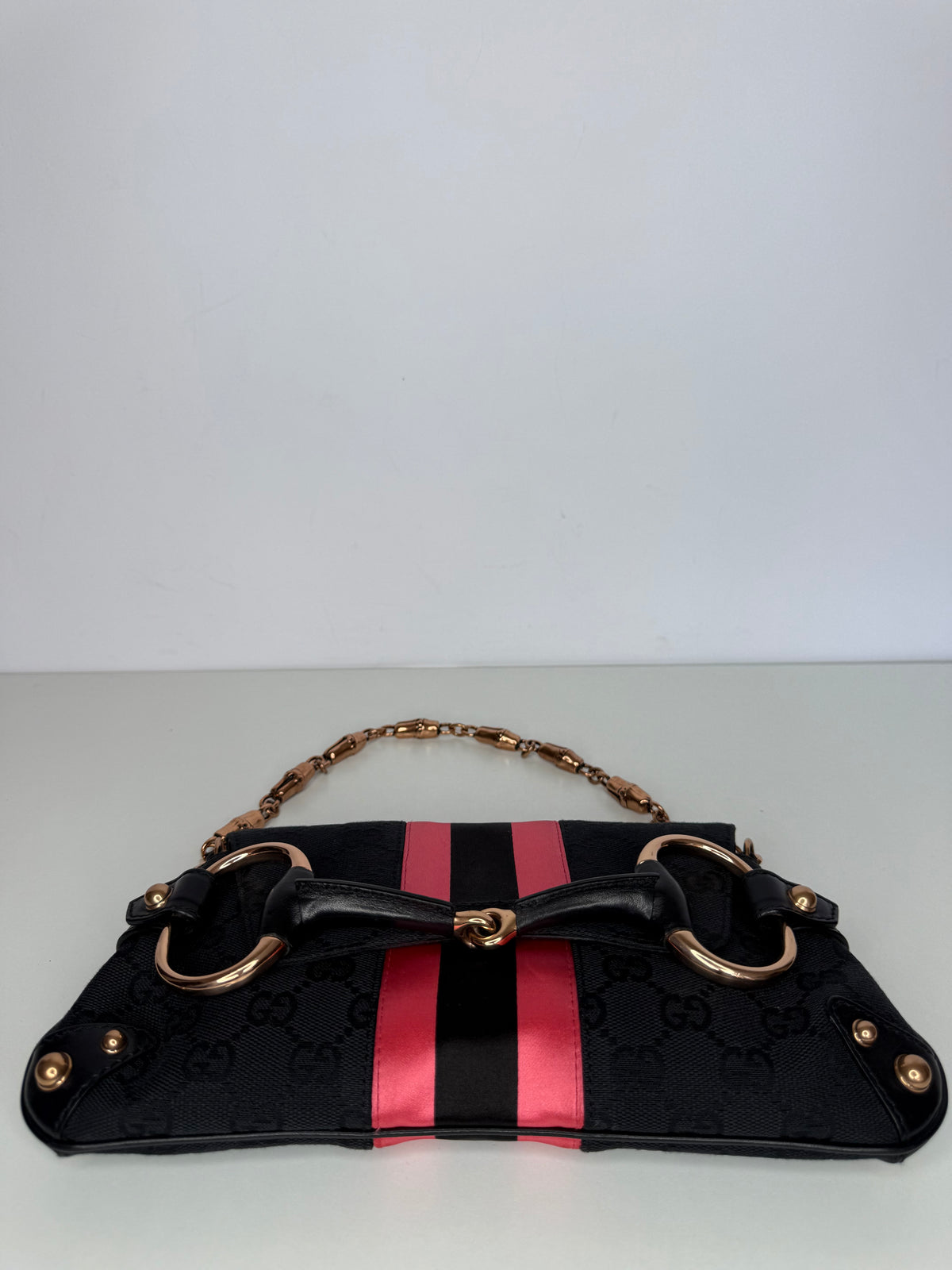 Gucci Vintage Tom Ford Era Black/Pink GG Canvas Horsebit Chain Clutch Rose Gold