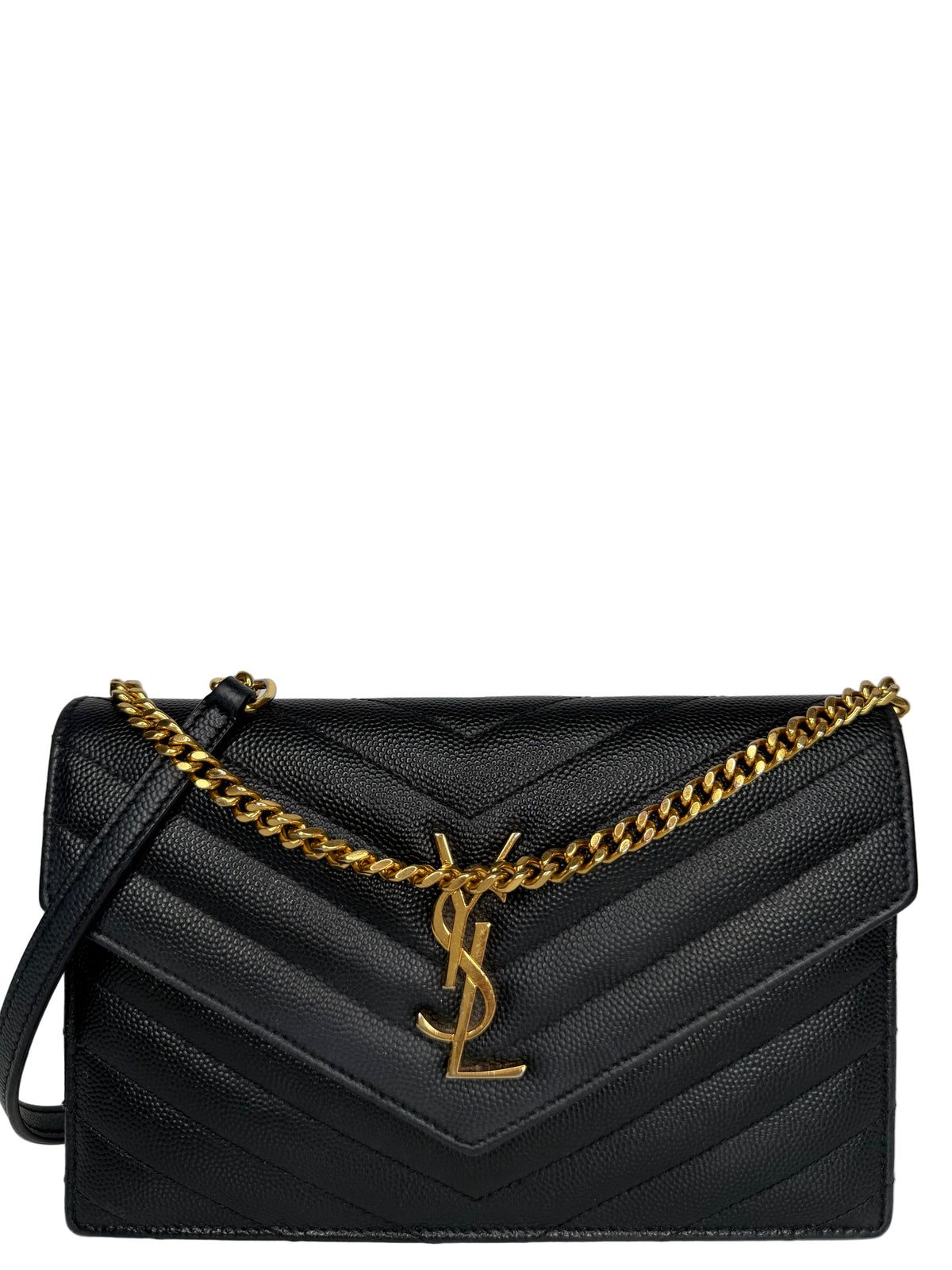 Saint Laurent Cassandre Envelope Black Grain De Poudre Leather Wallet on Chain