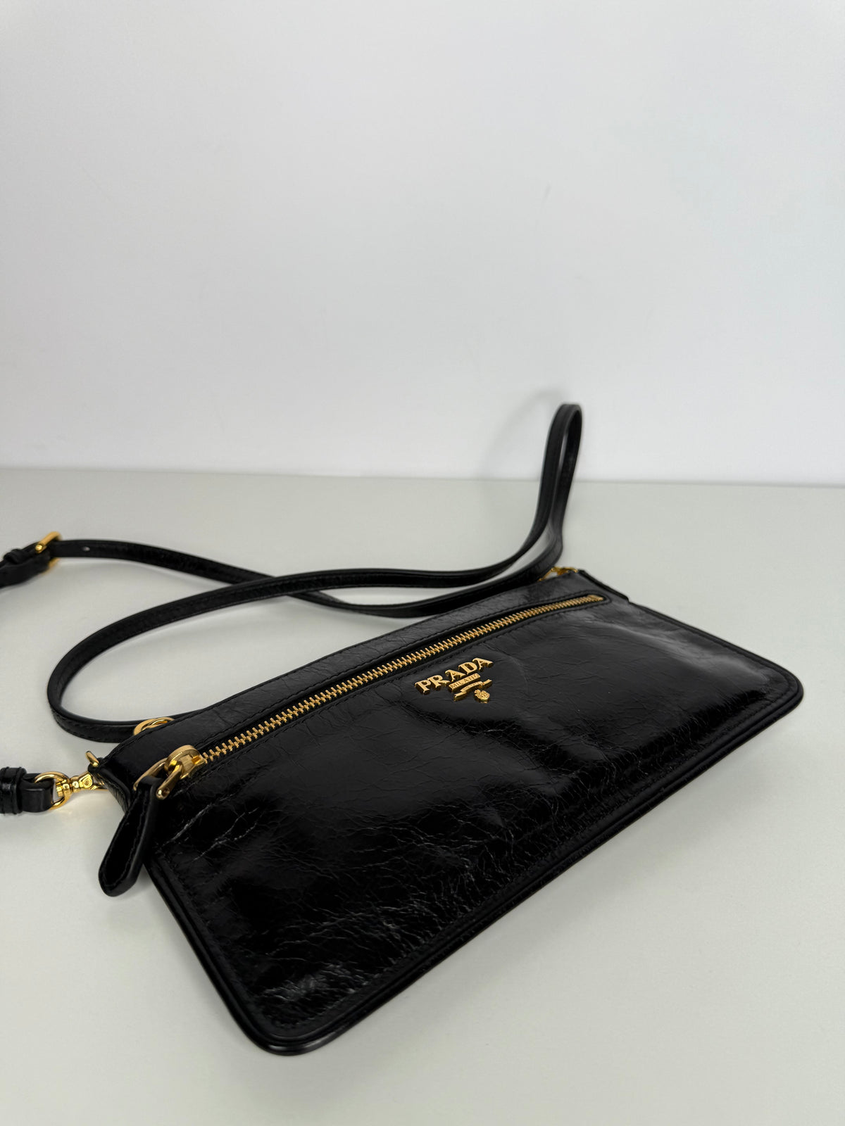 Prada Vitello Shine Zip Crossbody Bag Black