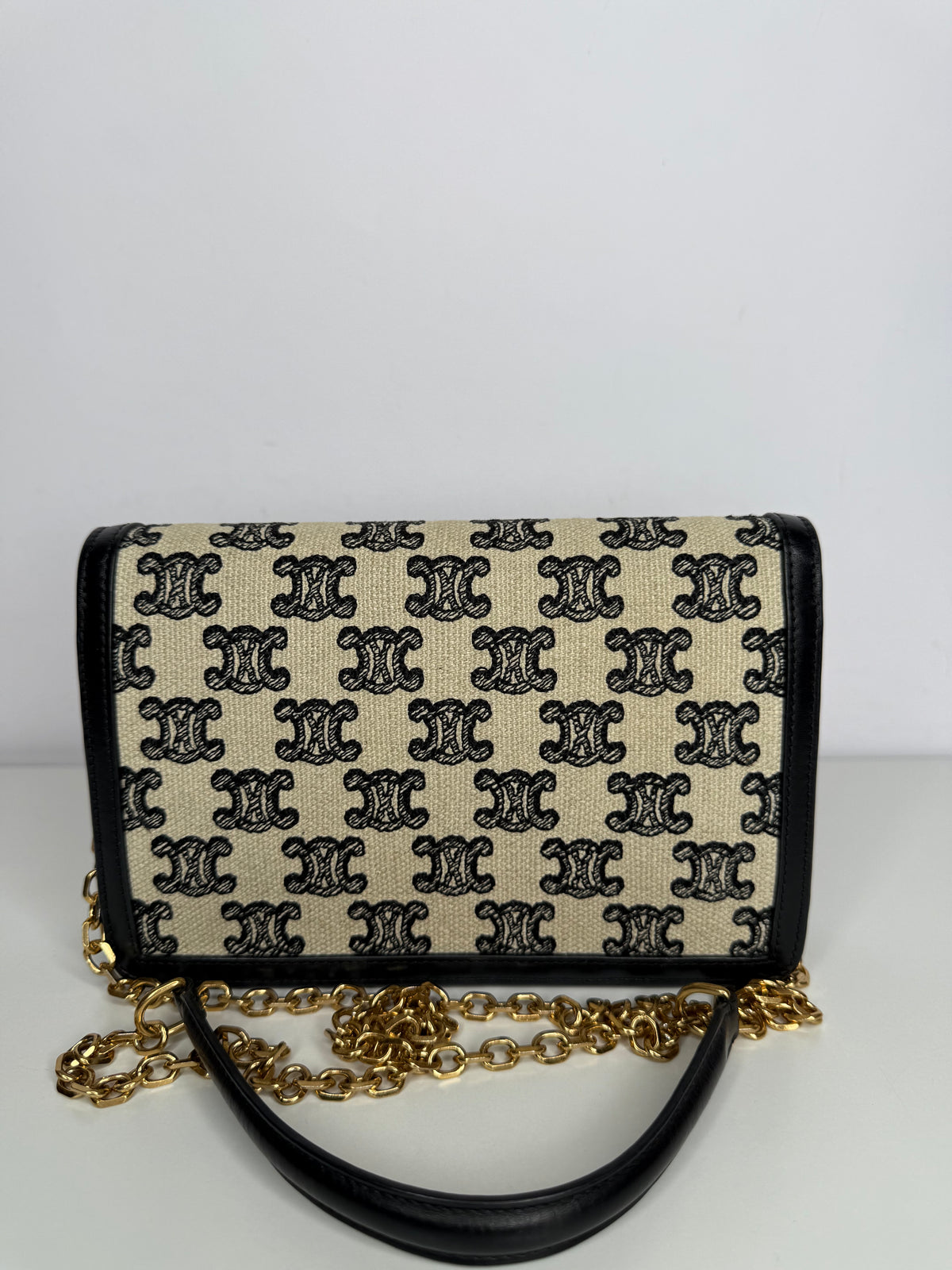 Celine Maillon Triomphe Canvas Wallet on Chain in Black and White