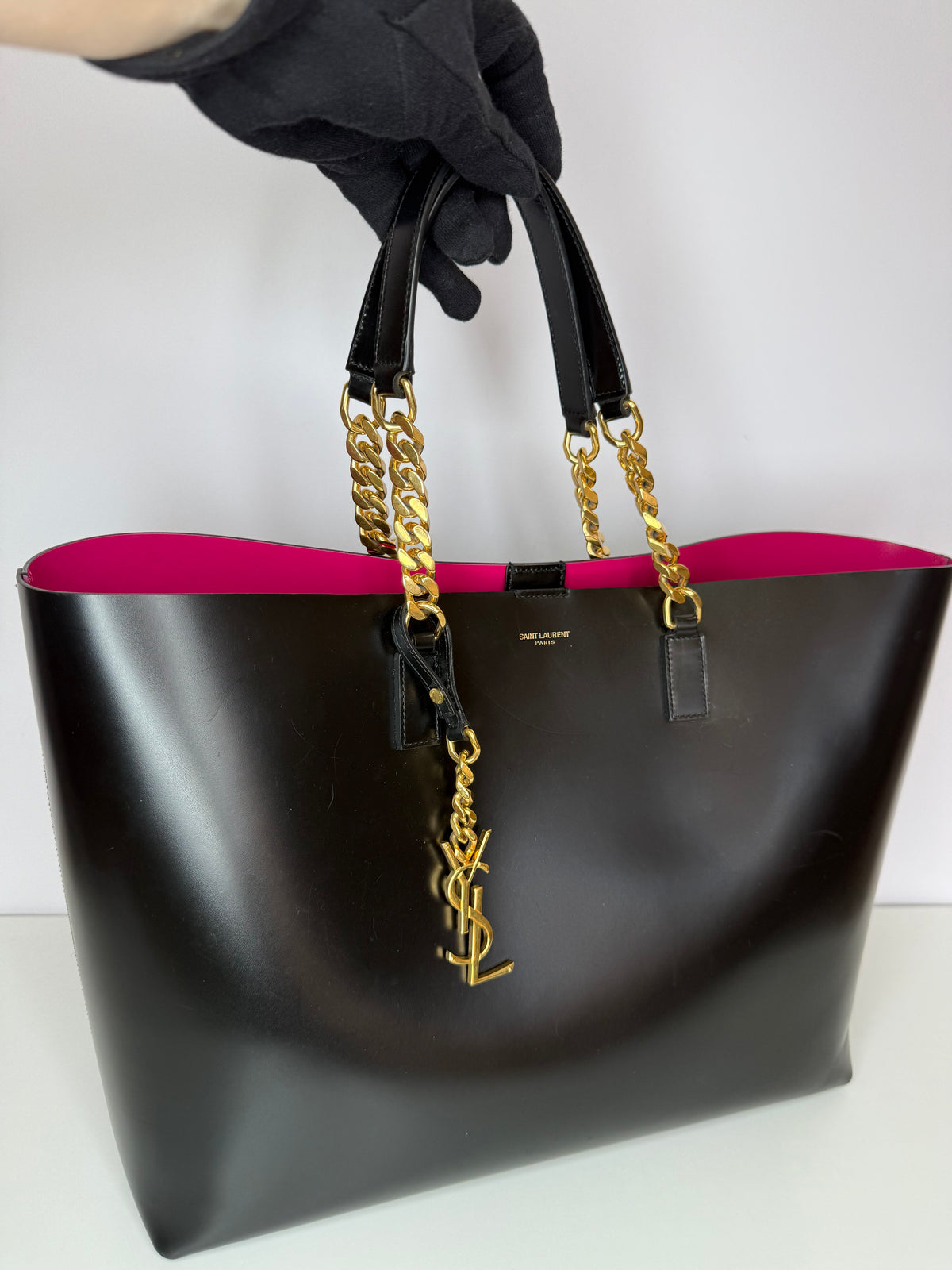 Saint Laurent Black Leather Monogram Double Chain Tote