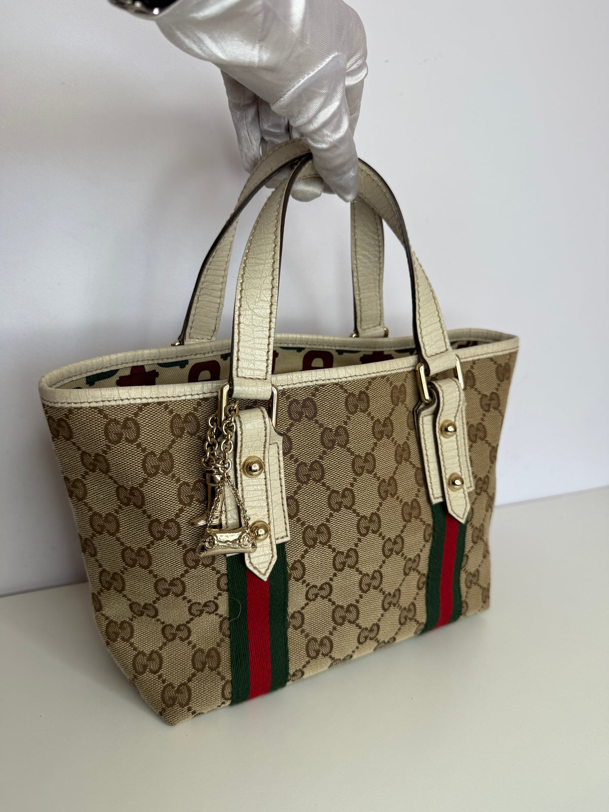 Gucci Beige/White GG Canvas and Leather Mini Jolicoeur Web Tote
