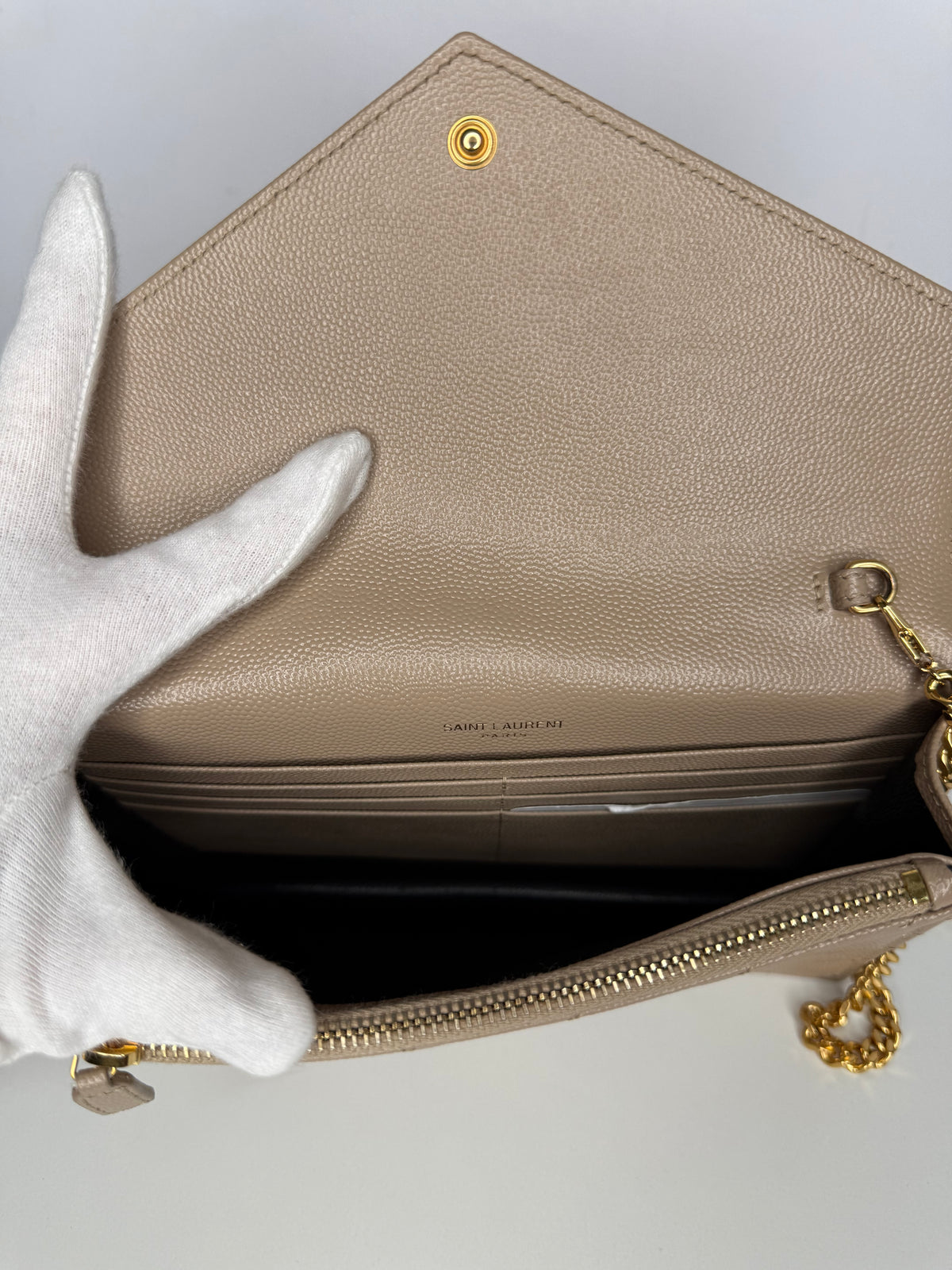 Saint Laurent Cassandre Envelope Dark Beige Grain De Poudre Leather Wallet on Chain