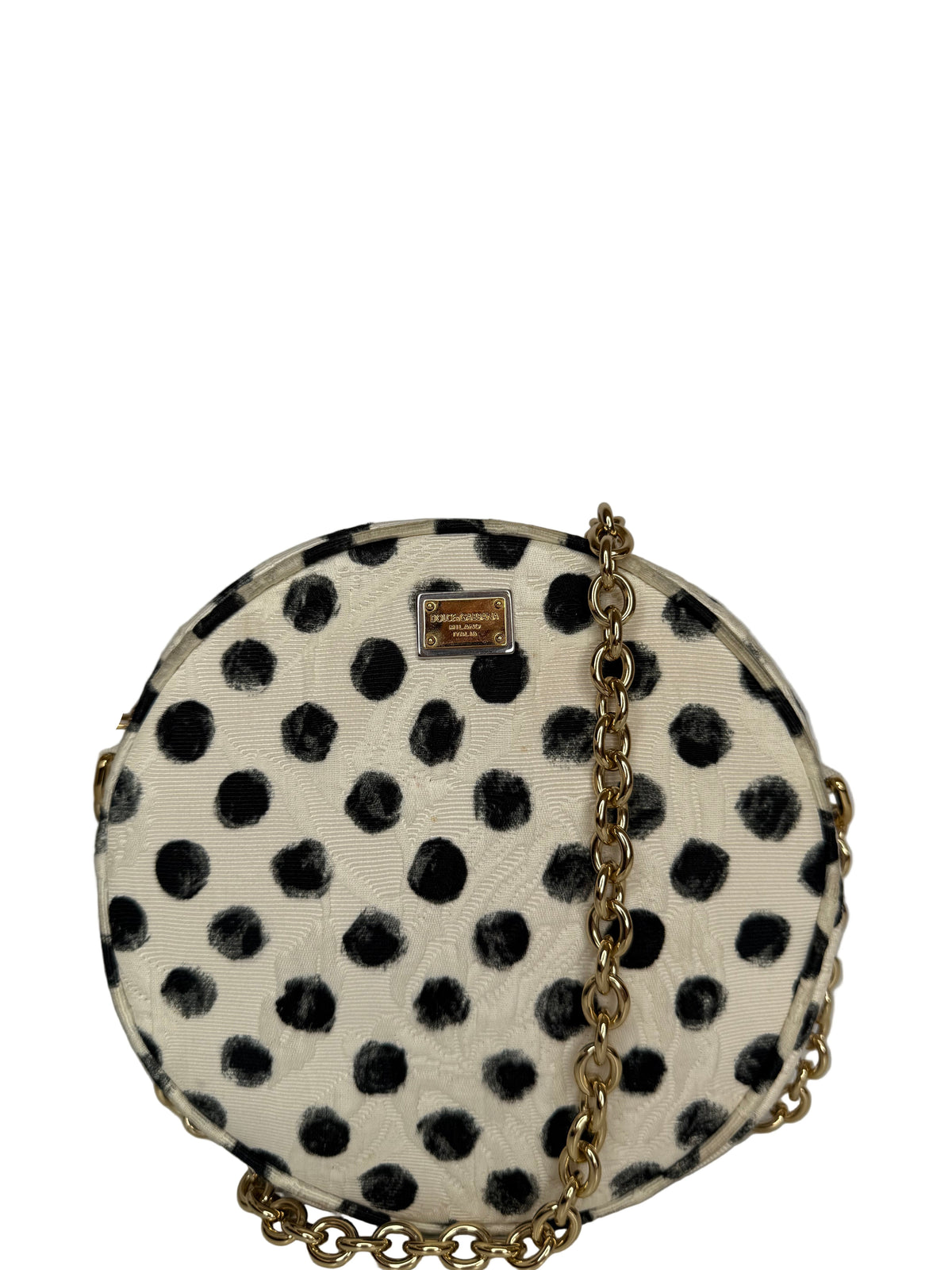 Dolce Gabbana Black/White Polka Dot Fabric Brocade Round Glam Crossbody Bag