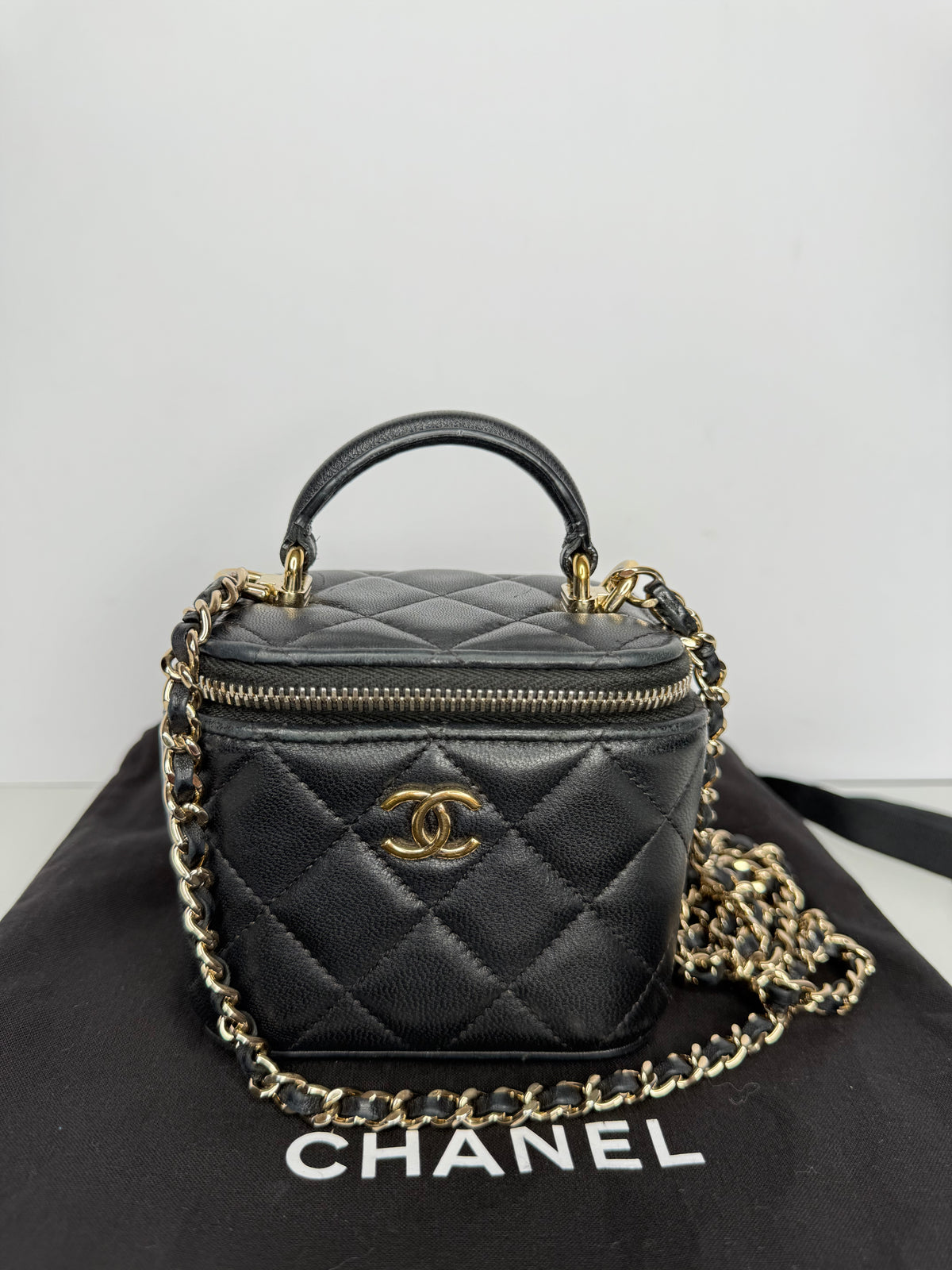 Chanel Mini Top Handle Vanity With Chain Black Lambskin Gold Hardware