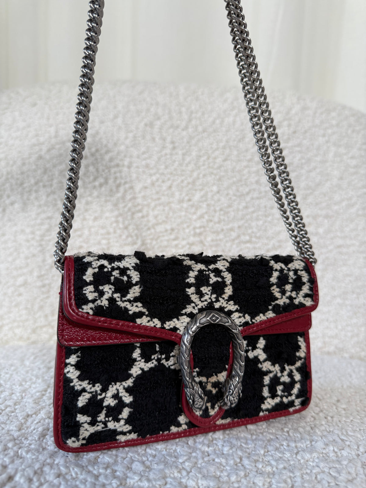 Gucci Red/Black GG Tweed Super Mini Dionysus Chain Bag