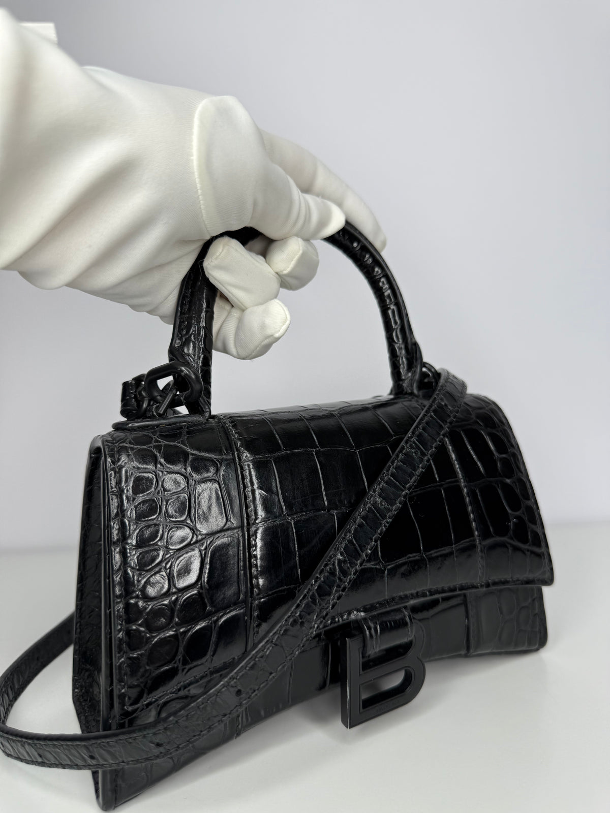 Balenciaga XS Hourglass Croc Embossed Bag Black