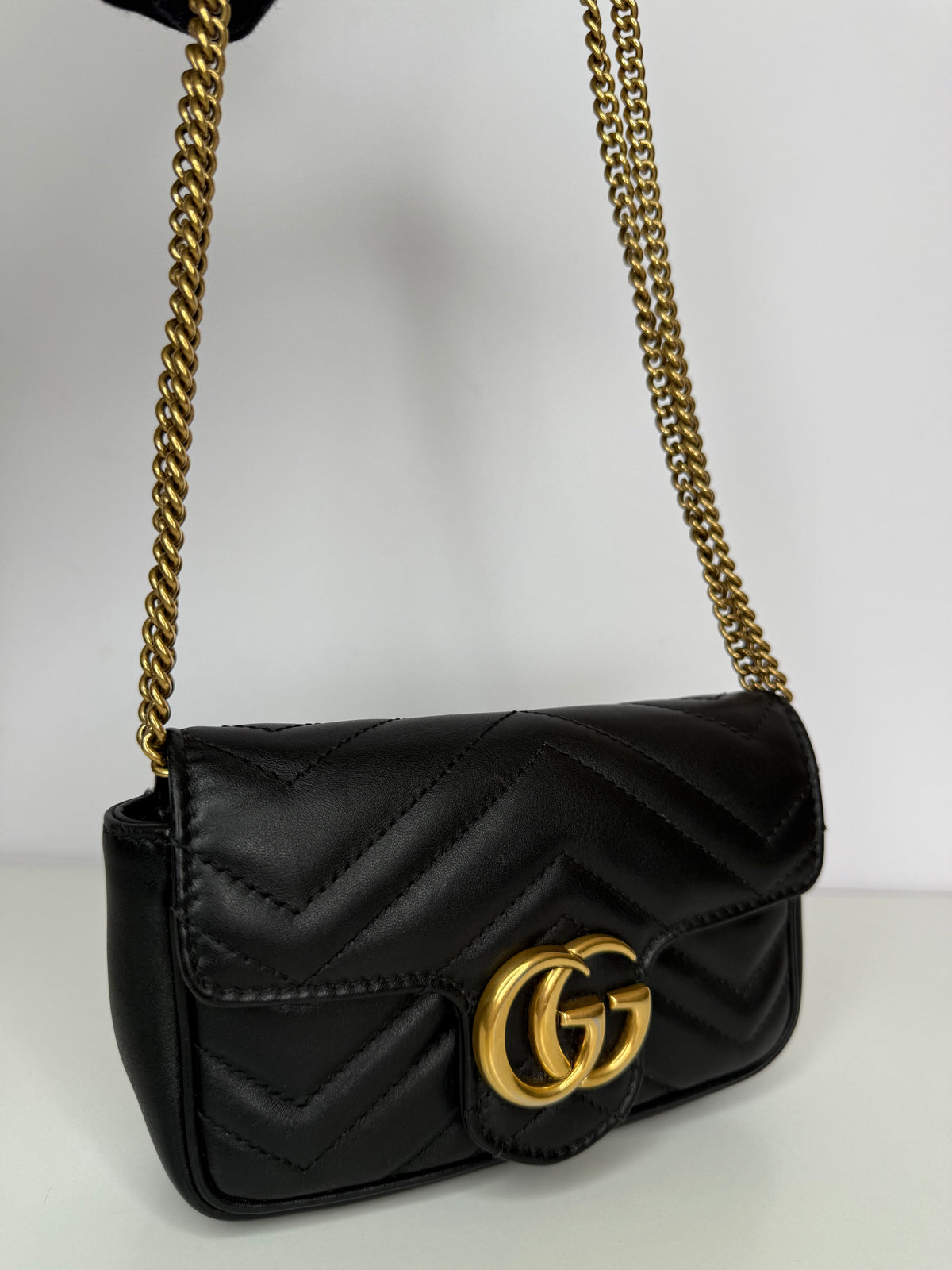 Gucci Black Calfskin Matelasse Super Mini GG Marmont Shoulder Bag