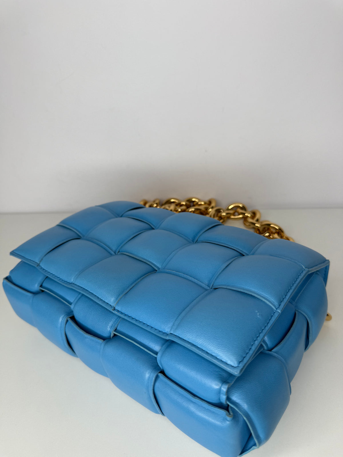 Bottega Veneta Blue Lambskin Maxi Intreccio Padded Chain Cassette Crossbody Bag