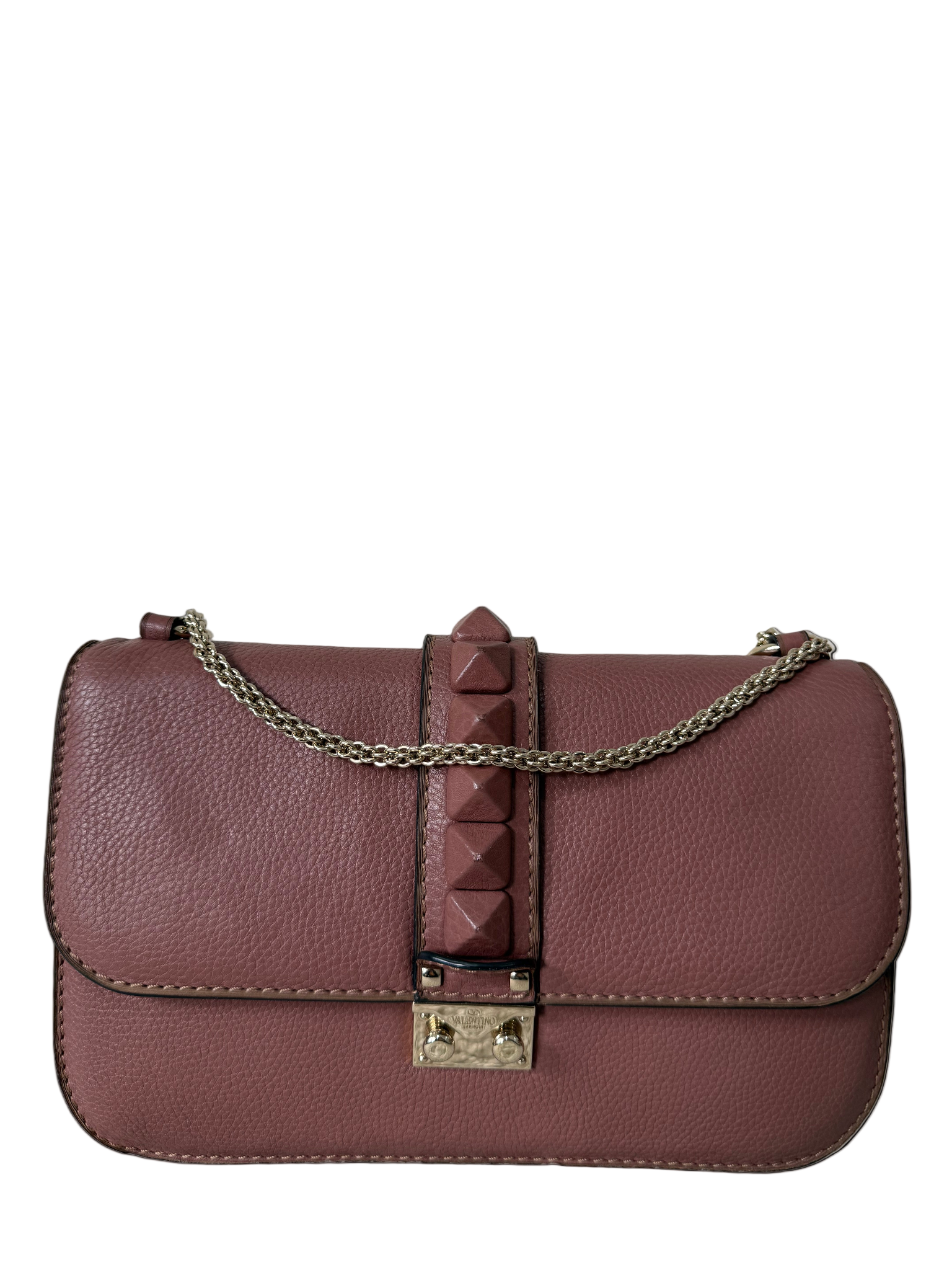 Valentino Garavani Old Rose Leather Rockstud Glam Lock Medium Flap Bag