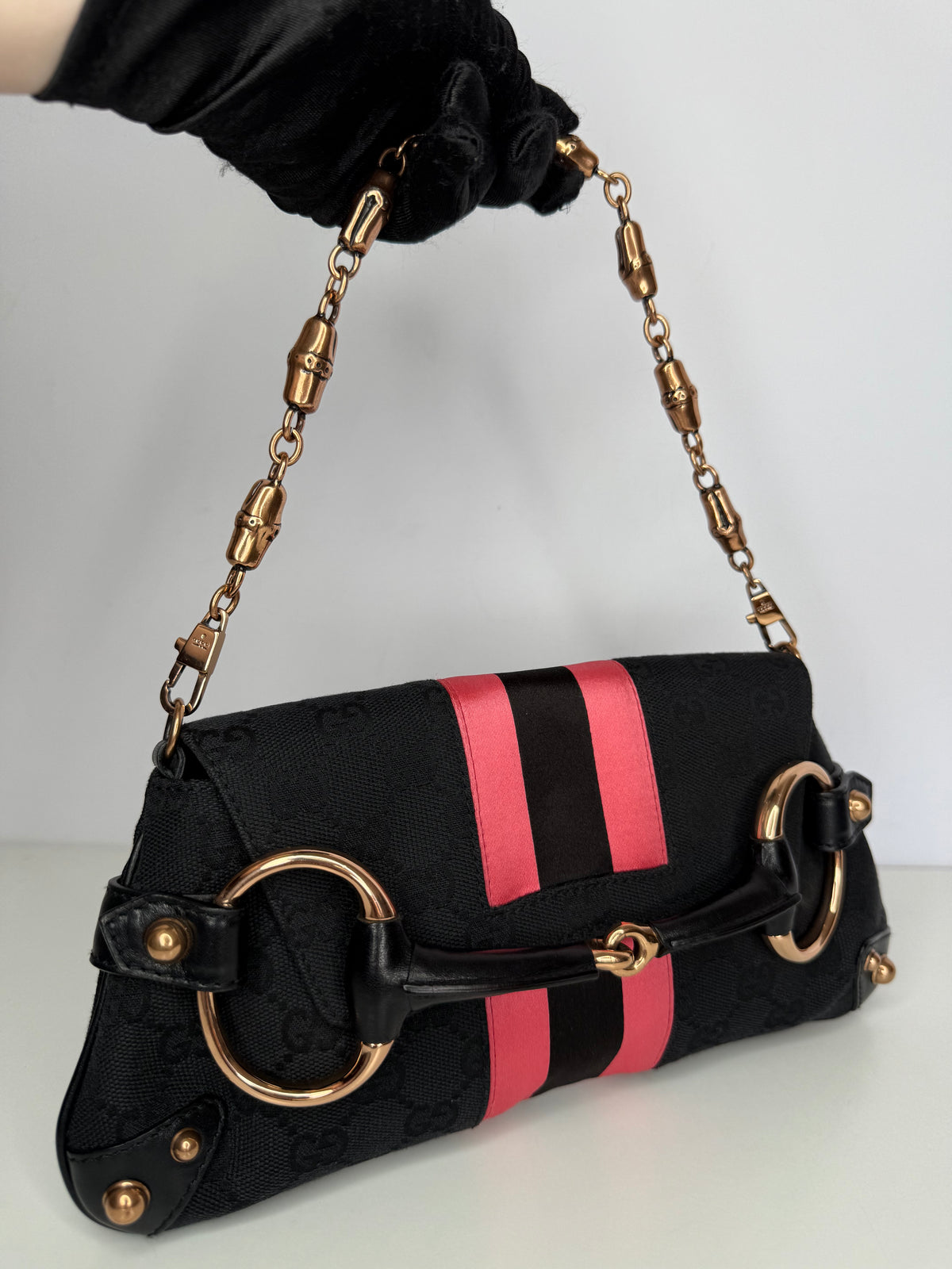 Gucci Vintage Tom Ford Era Black/Pink GG Canvas Horsebit Chain Clutch Rose Gold