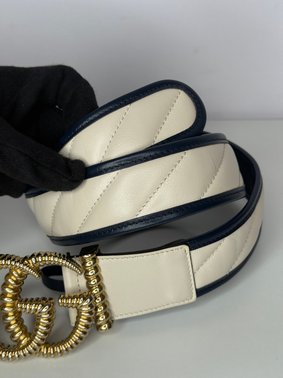 Gucci GG Marmont Torchon White/Blue Leather Belt