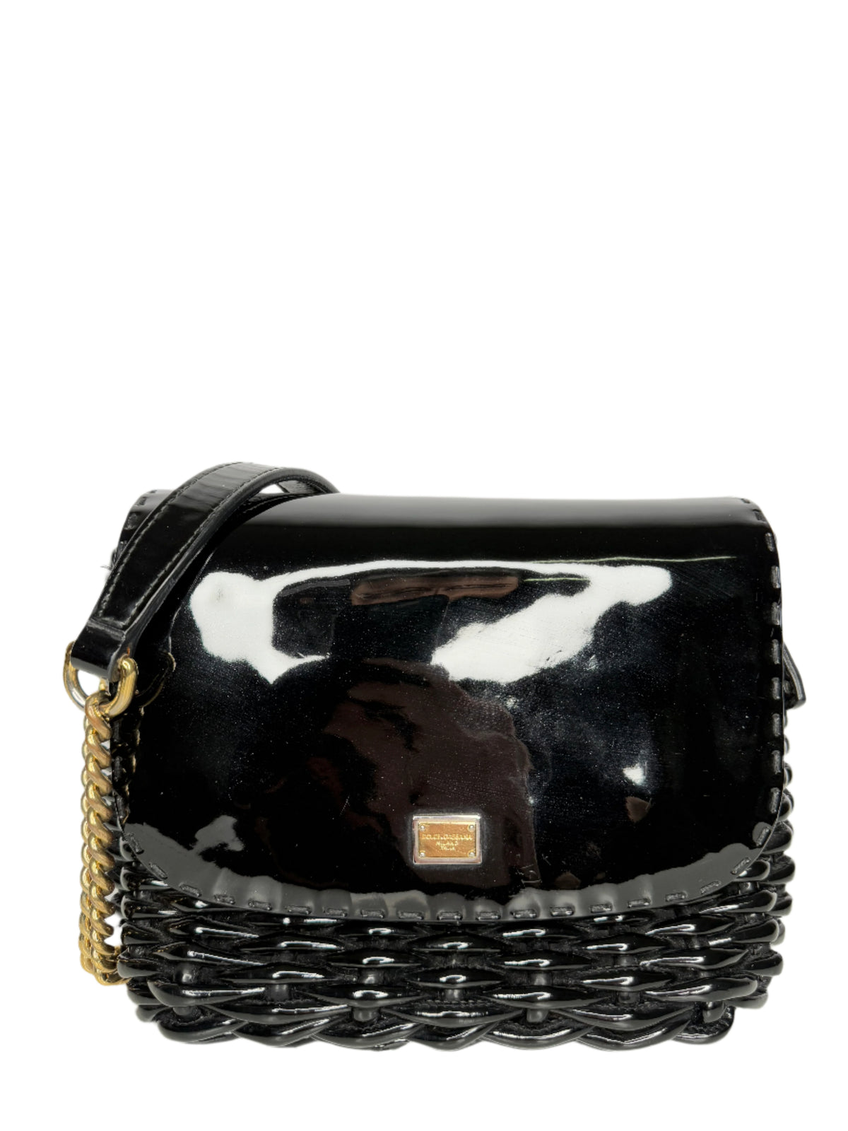 Dolce Gabbana Black Wicker and Patent Leather Shoulder Bag