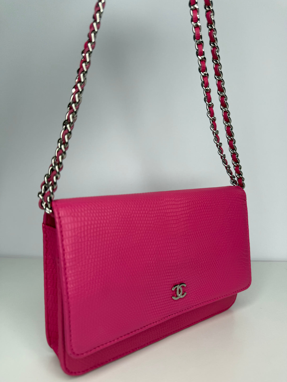 Chanel Pink Lizard Embossed Classic Wallet On Chain
