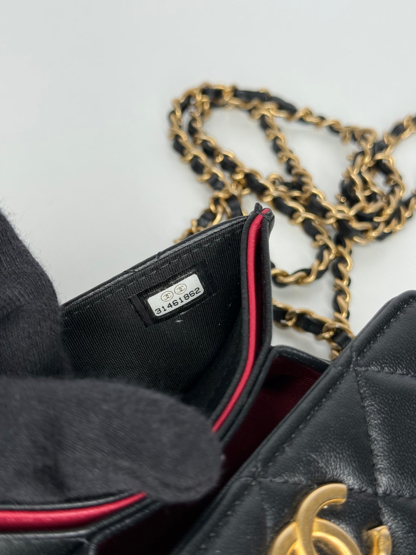 Chanel Black Quilted Lambskin Pearl Crown Clutch with Chain