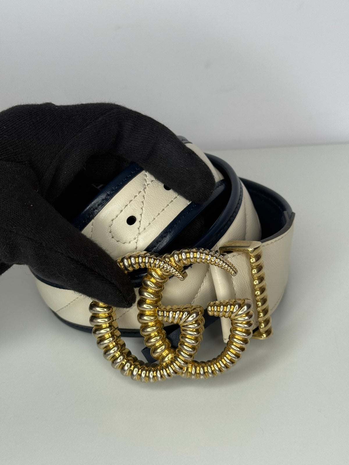 Gucci GG Marmont Torchon White/Blue Leather Belt