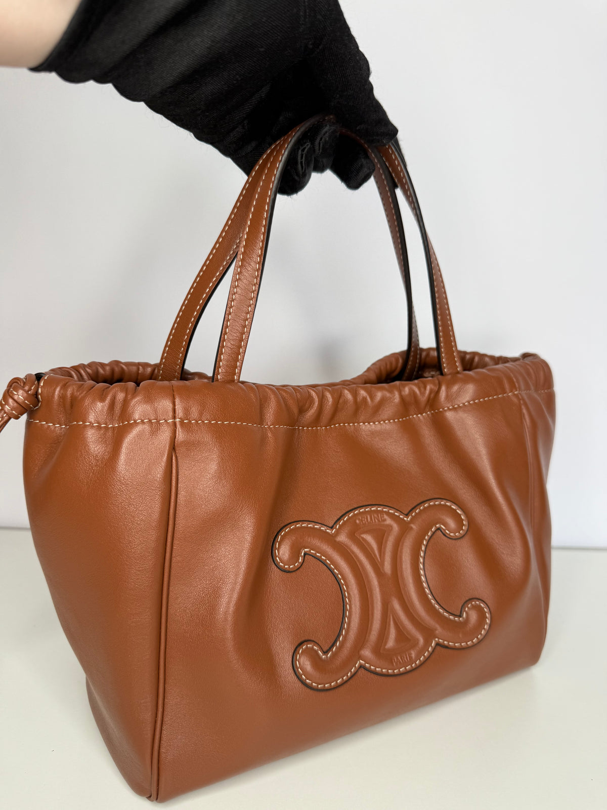 Celine Smooth Calfskin Cuir Small Triomphe Cabas Drawstring Tan