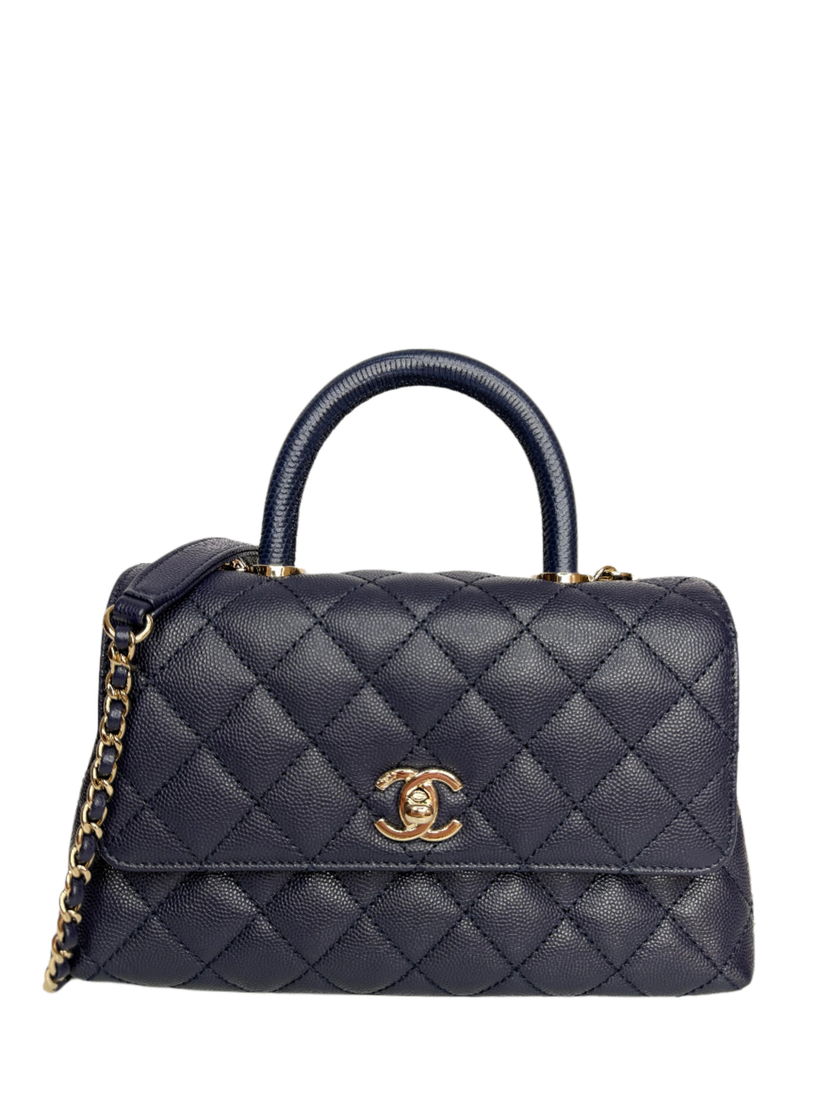 Chanel Coco Handle Small Blue Caviar with Lizard Top Handle