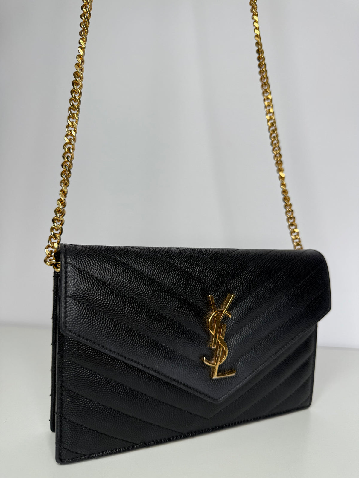 Saint Laurent Cassandre Envelope Black Grain De Poudre Leather Wallet on Chain