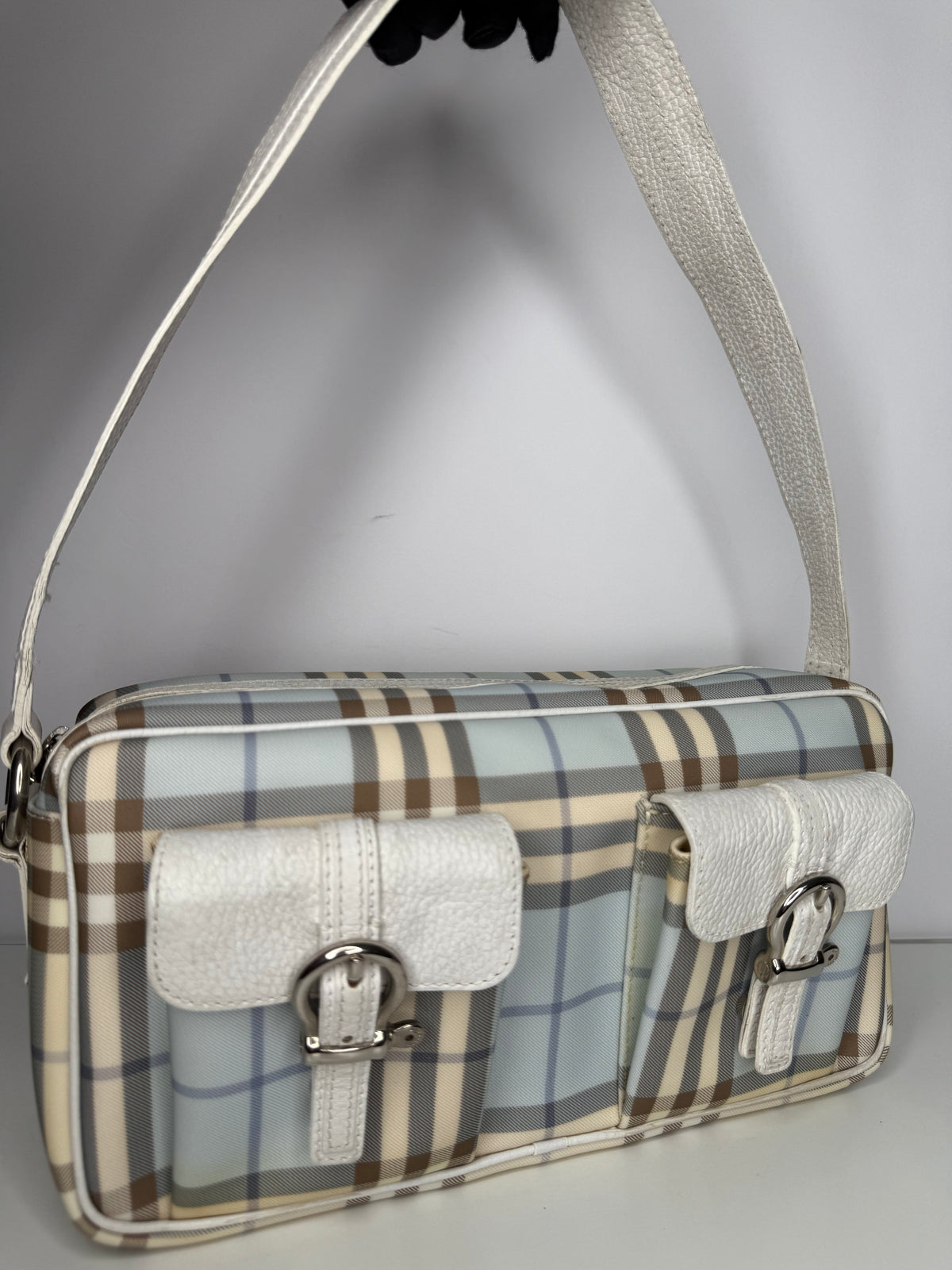 Burberry White/Blue Haymarket Check Shoulder Bag