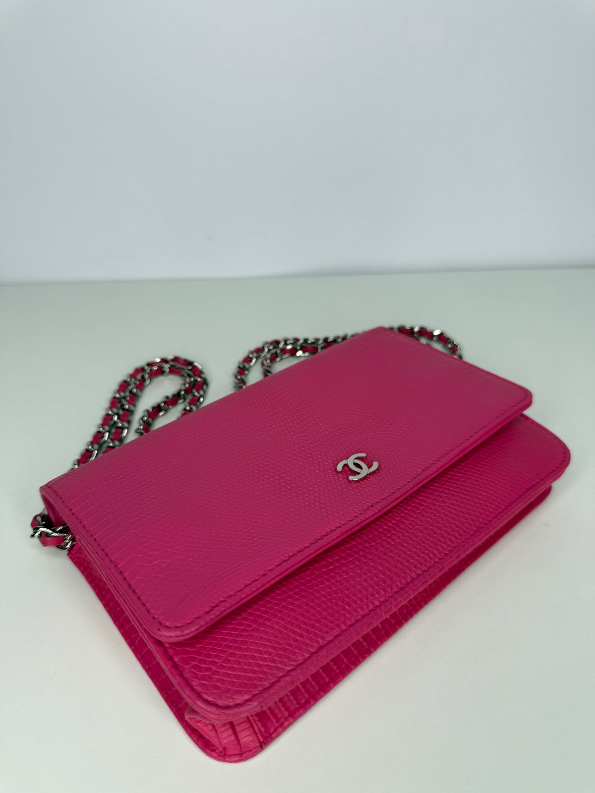 Chanel Pink Lizard Embossed Classic Wallet On Chain