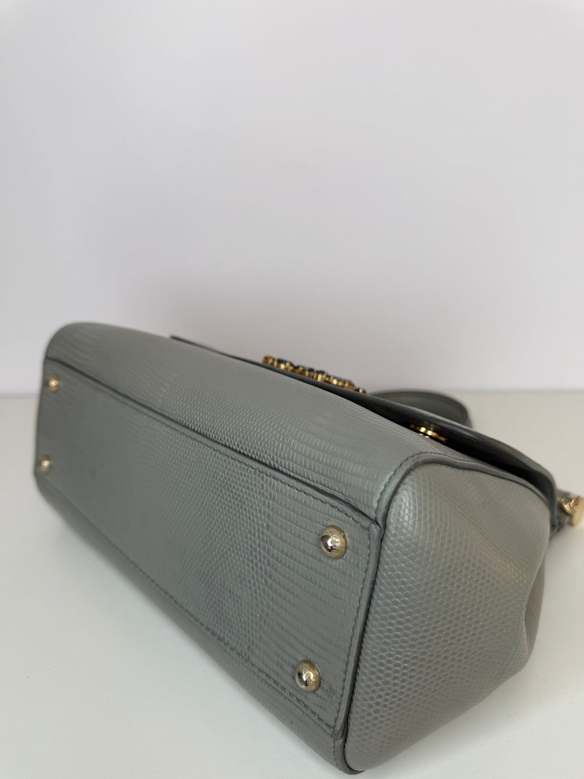 Dolce Gabbana Grey Lizard Embossed Leather Medium Miss Sicily Top Handle Bag