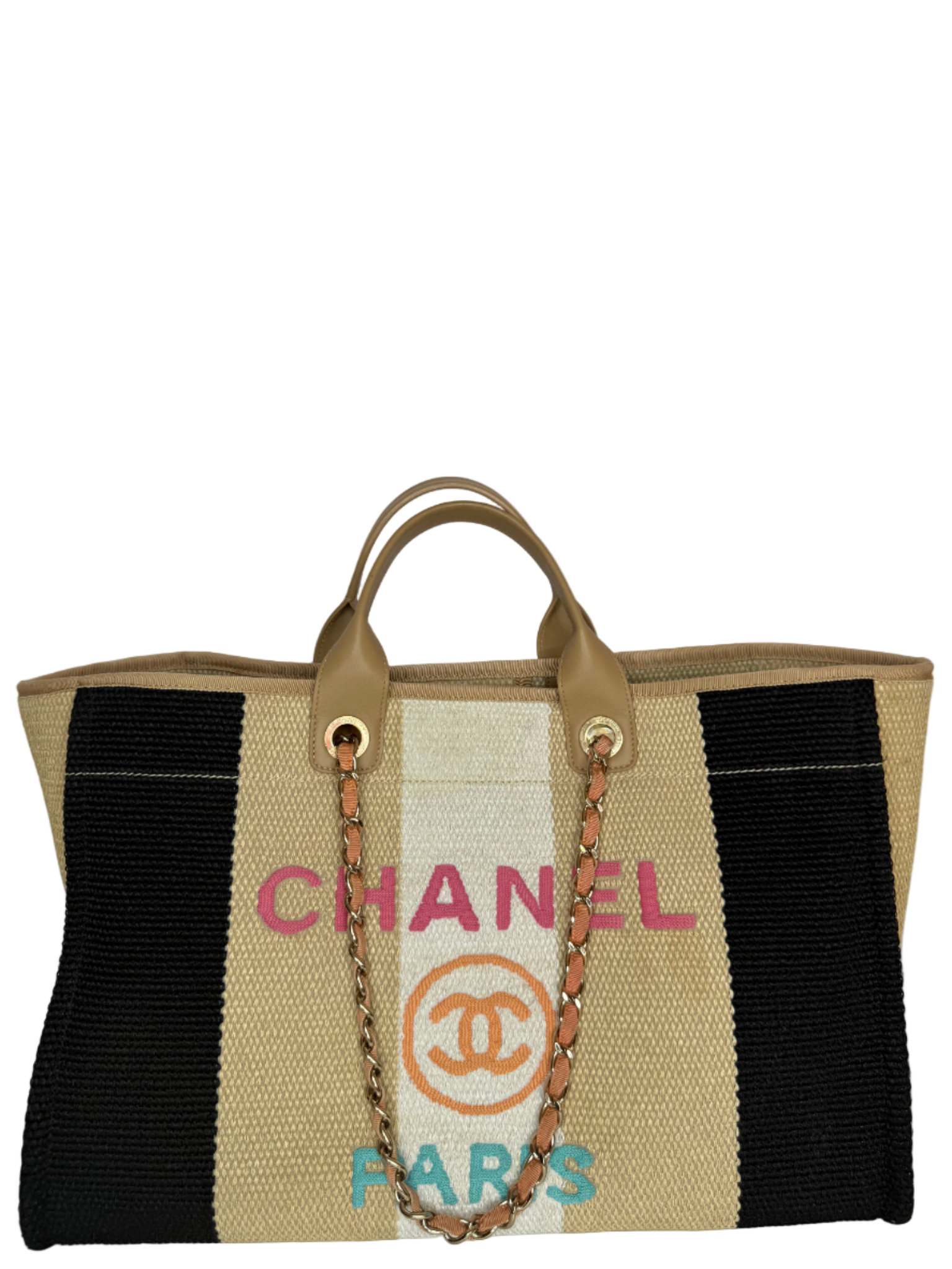 Chanel Large Striped Raffia Deauville Shopping Tote Bag