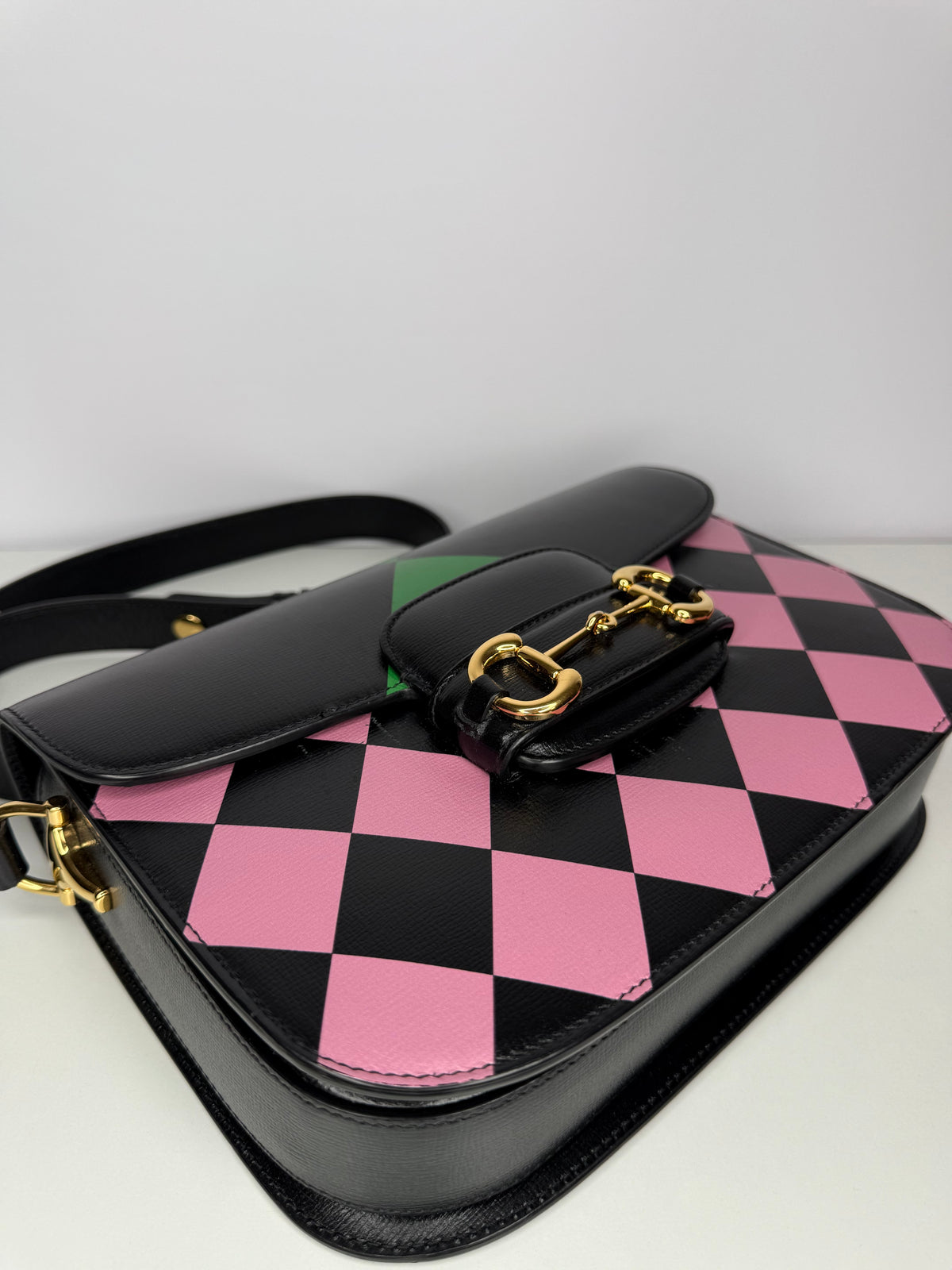Gucci Horsebit 1955 Multicolor Geometric Pattern on Black Leather Shoulder Bag