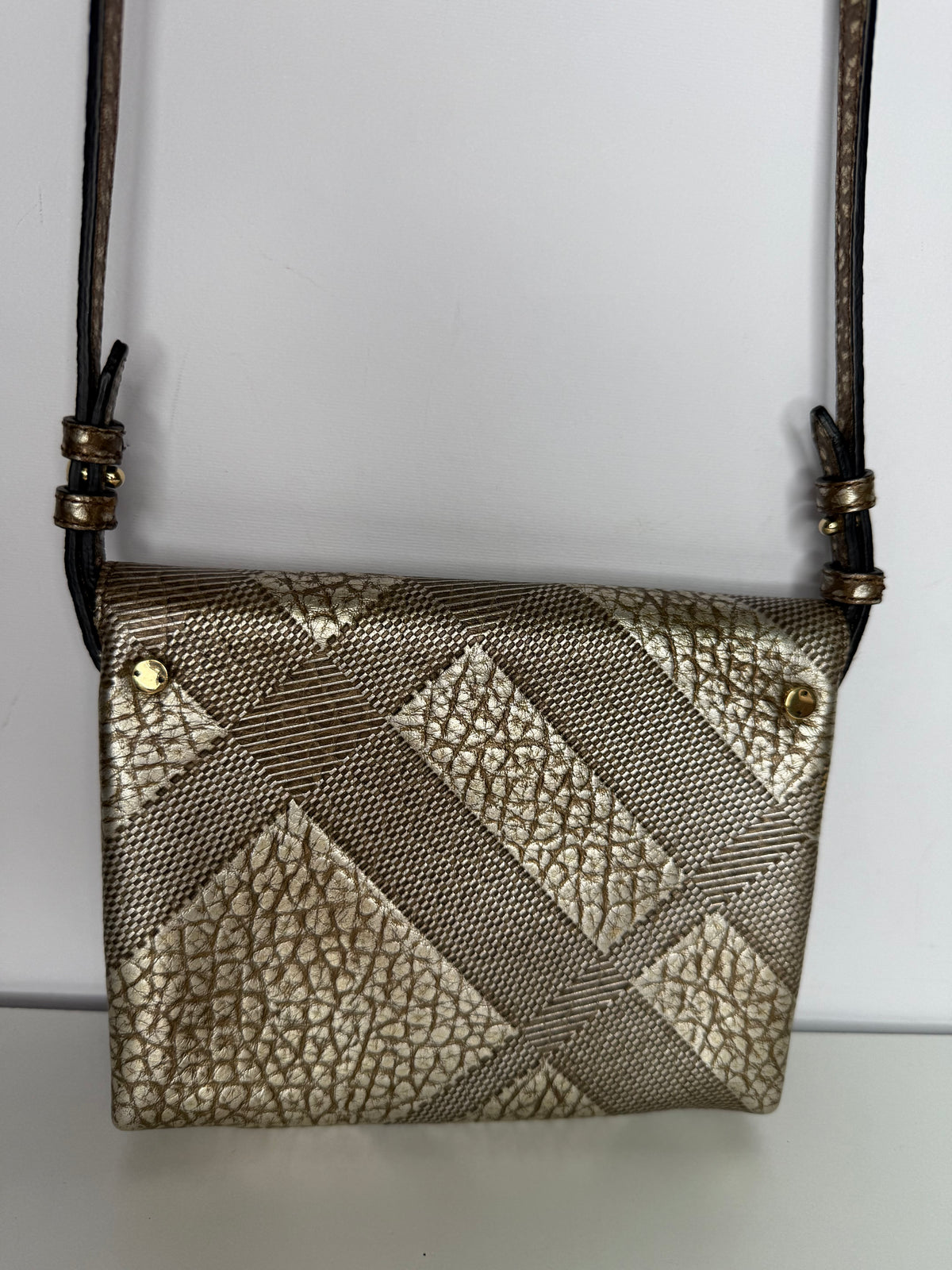 Burberry Gold Embossed Check Leather Flap Crossbody Bag