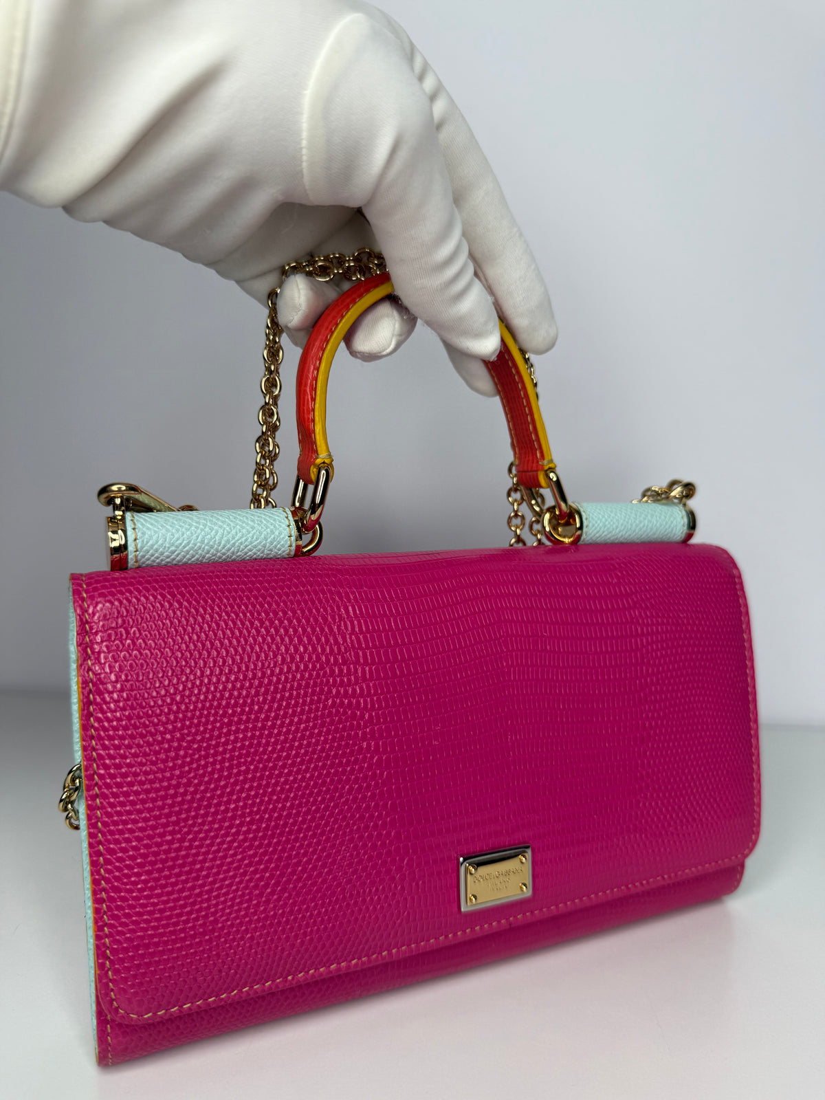 Dolce Gabbana Pink Lizard Embossed Wallet On Chain