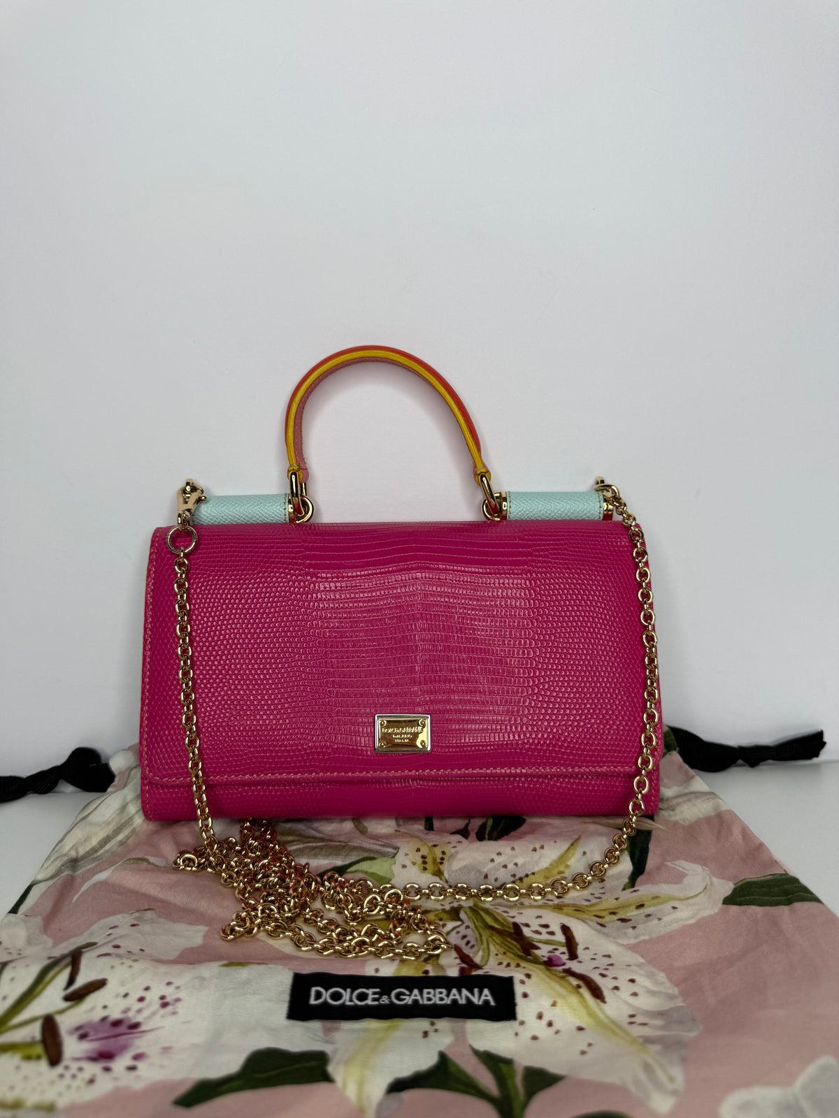 Dolce Gabbana Pink Lizard Embossed Wallet On Chain
