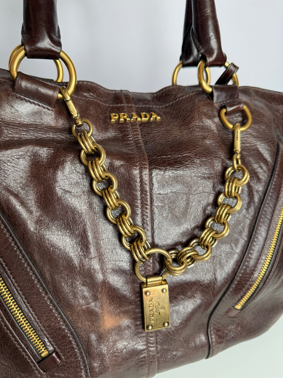 Prada Dark Brown Vitello Shine Leather Bowler Bag