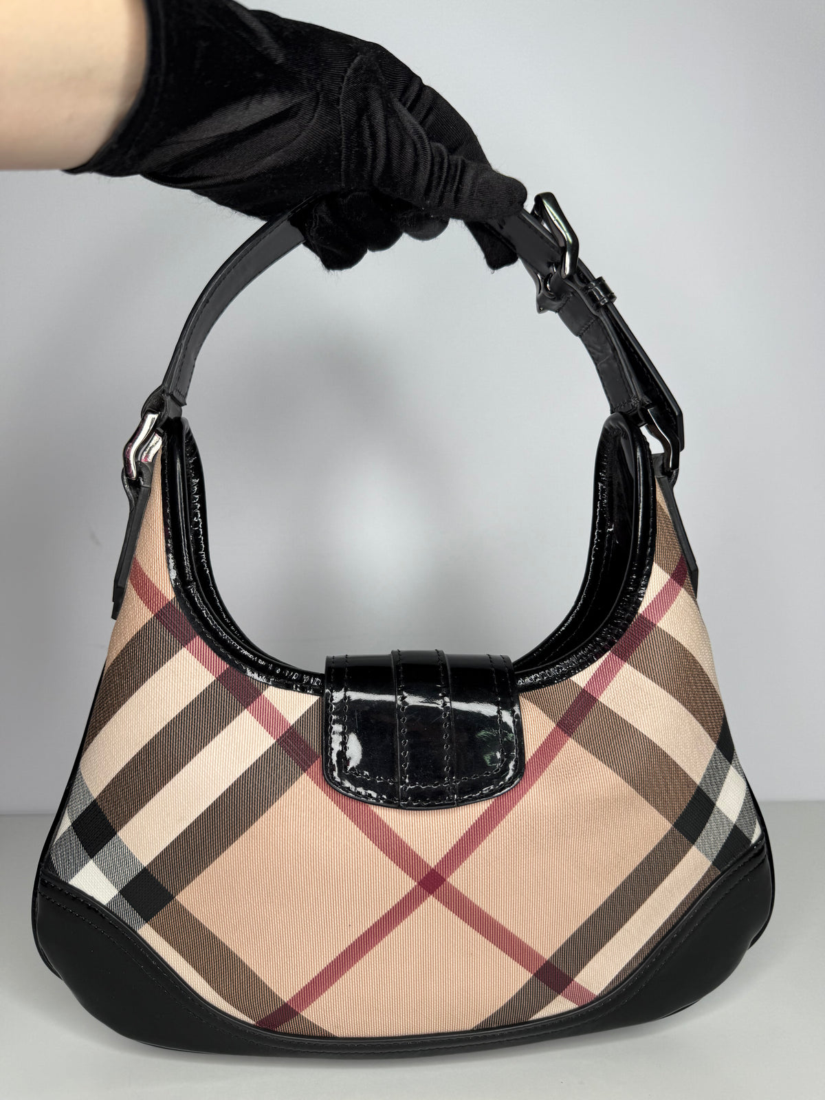 Burberry Black/Beige Nova Check PVC and Patent Leather Mini Brooke Hobo