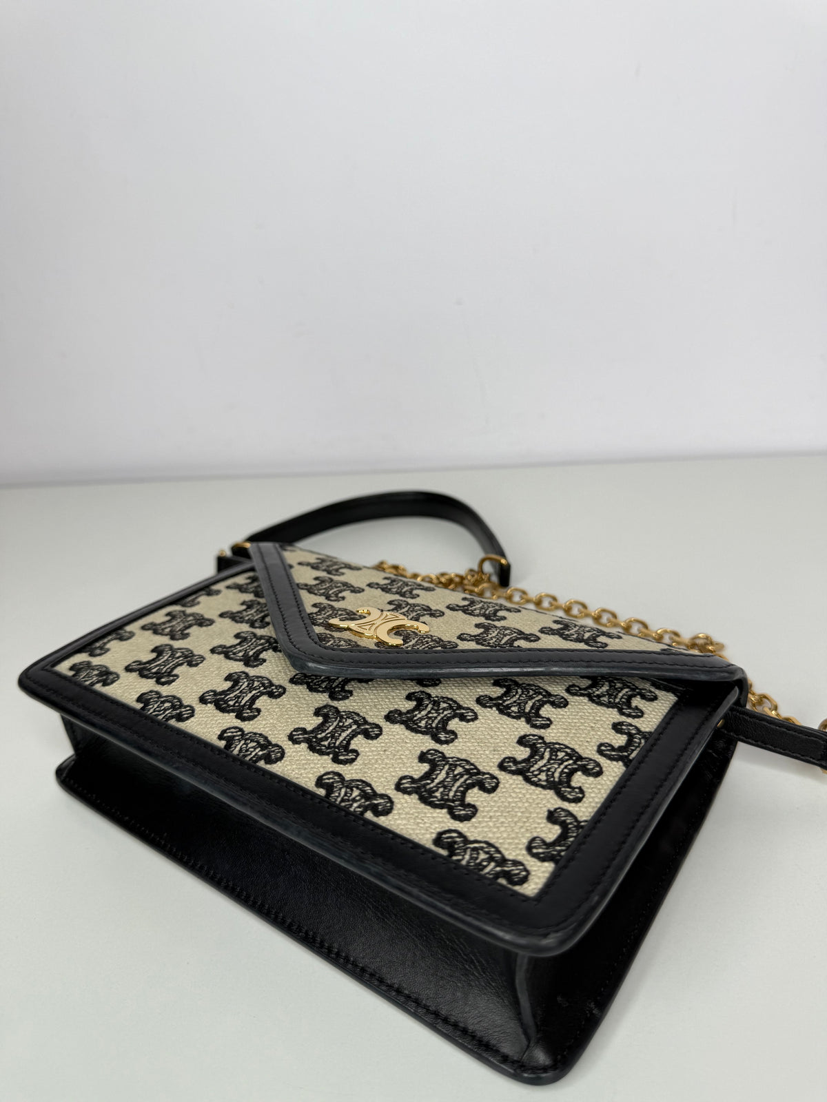 Celine Maillon Triomphe Canvas Wallet on Chain in Black and White