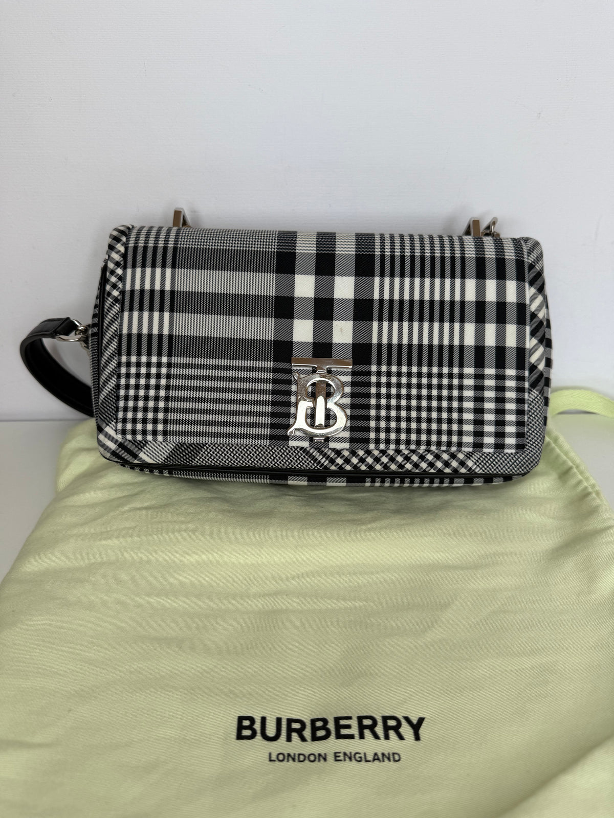 Burberry Small Lola Bag Black & White Nylon Check with Monogram TB Print