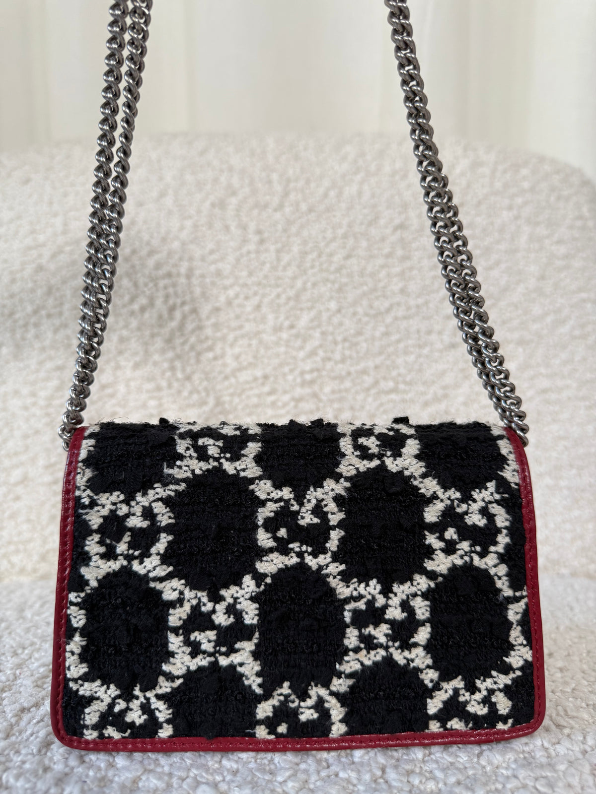 Gucci Red/Black GG Tweed Super Mini Dionysus Chain Bag