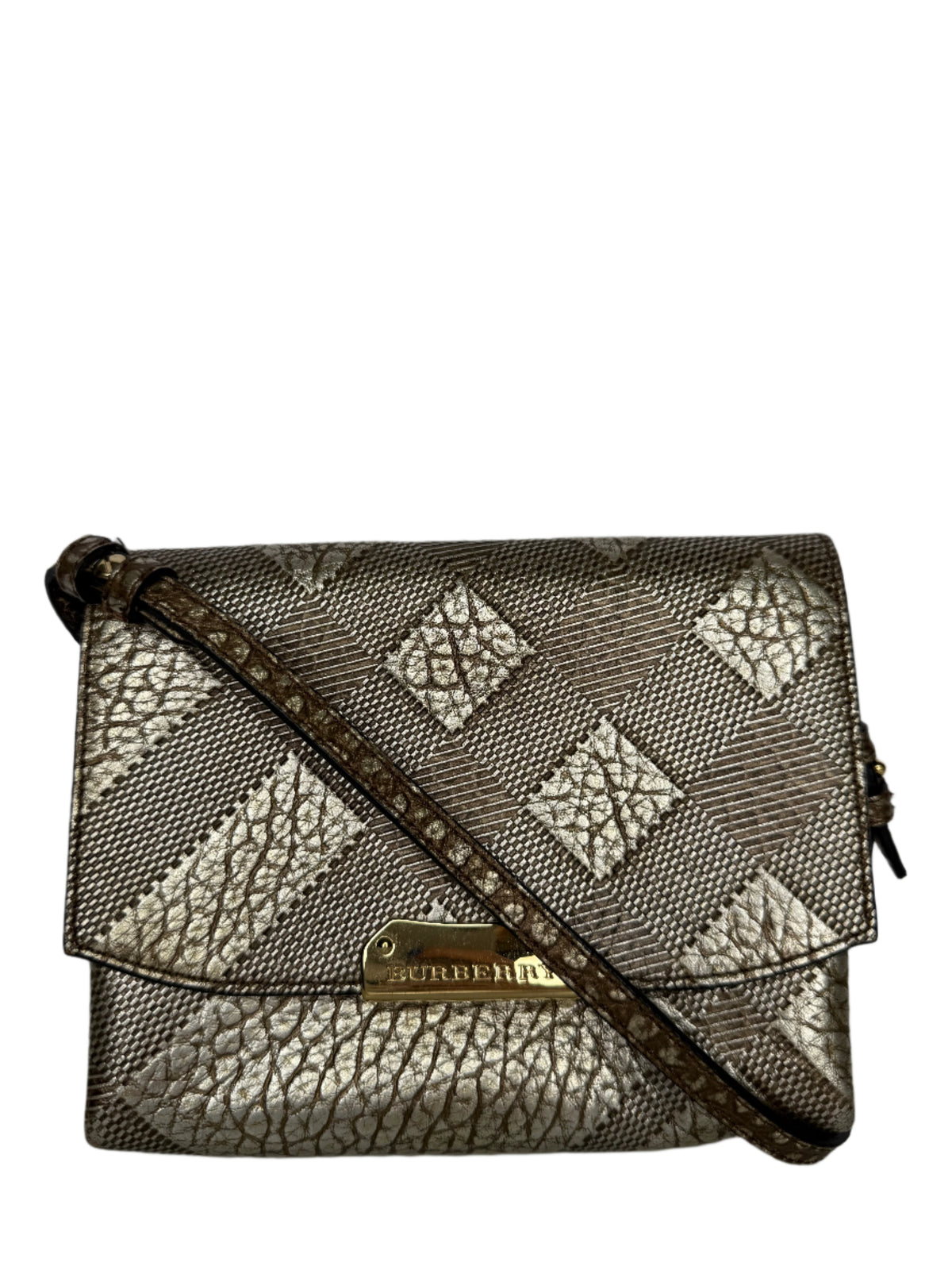 Burberry Gold Embossed Check Leather Flap Crossbody Bag